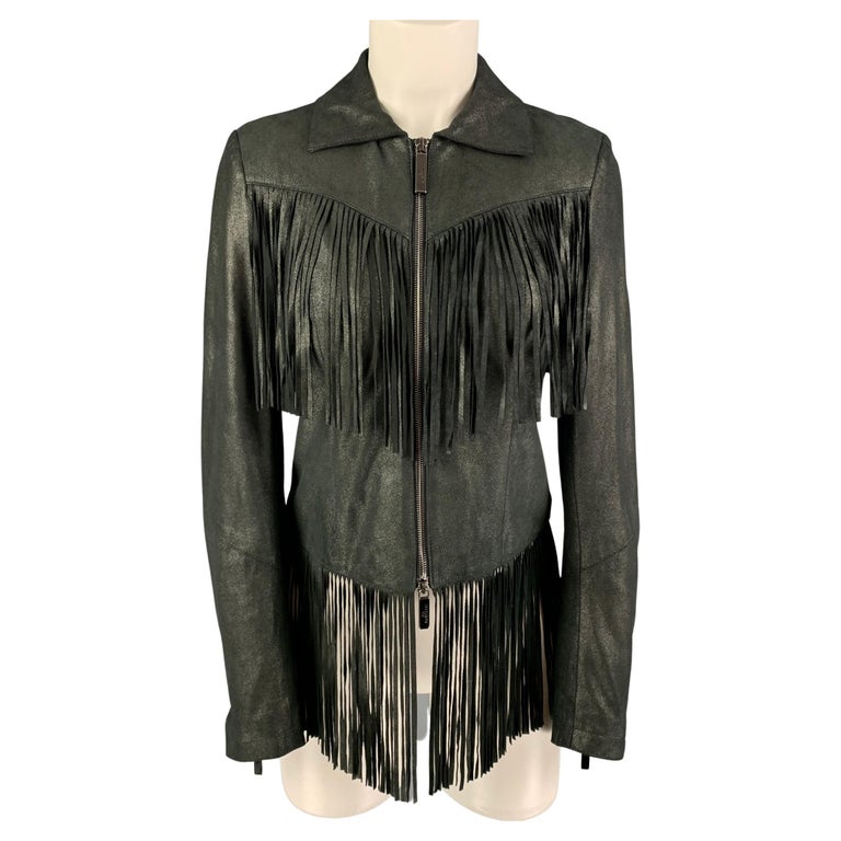 GIL SANTUCCI Size 4 Charcoal Lamb Leather Fringe Jacket For Sale at 1stDibs