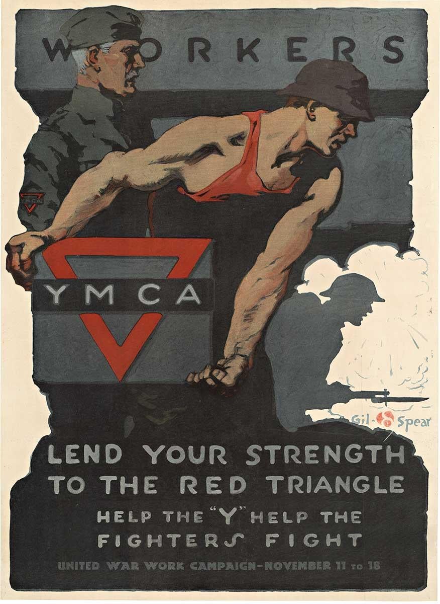 Manifesto d'epoca originale della Prima Guerra Mondiale: YMCA Workers Lend Your Strength - Print di Gil Spear