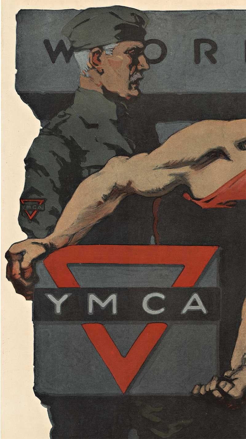 Manifesto d'epoca originale della Prima Guerra Mondiale: YMCA Workers Lend Your Strength - Print Nero di Gil Spear