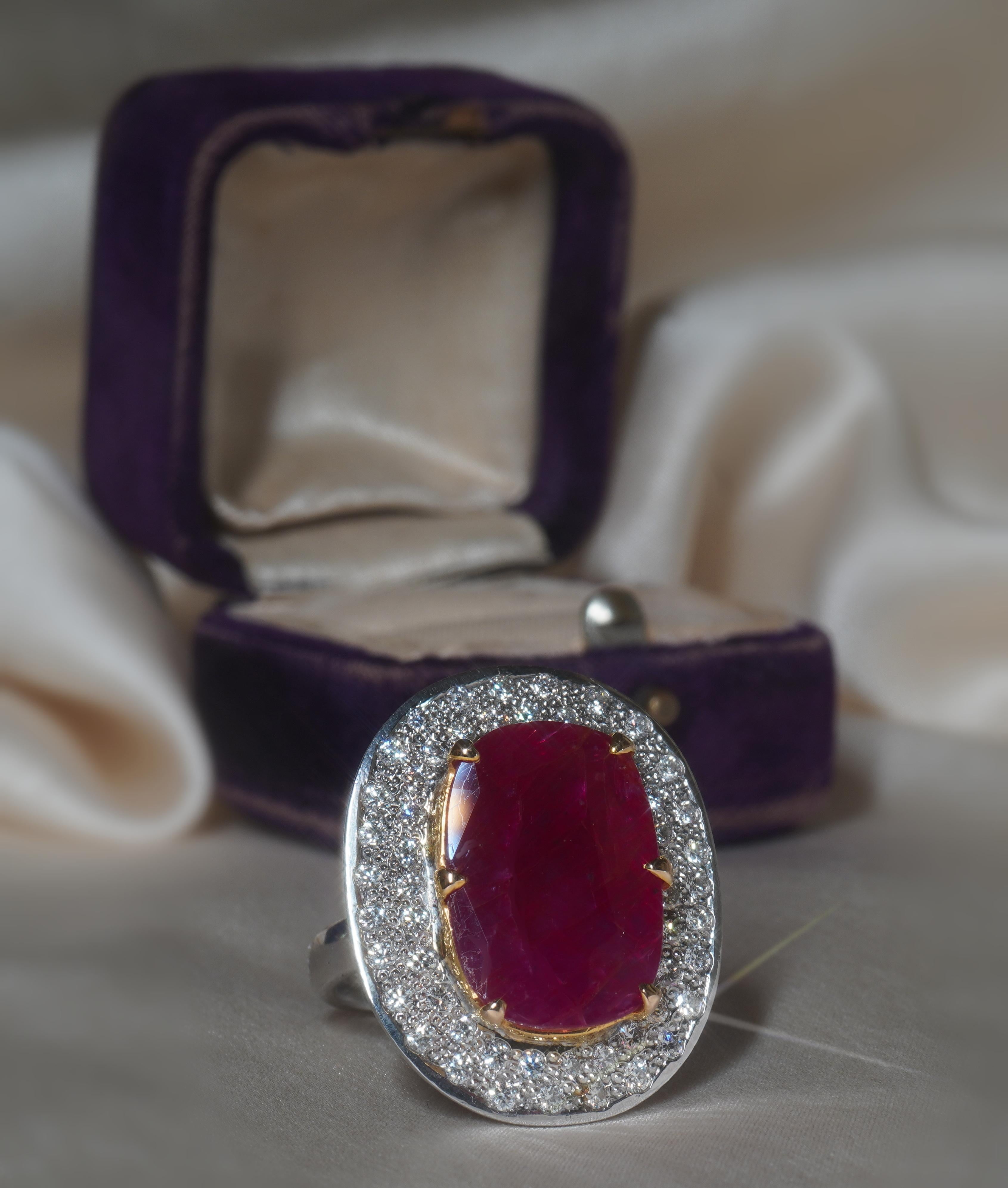 GIL Unheated Ruby Diamond Platinum Ring Vintage Certified 18K Huge 11.43 Cts For Sale 5