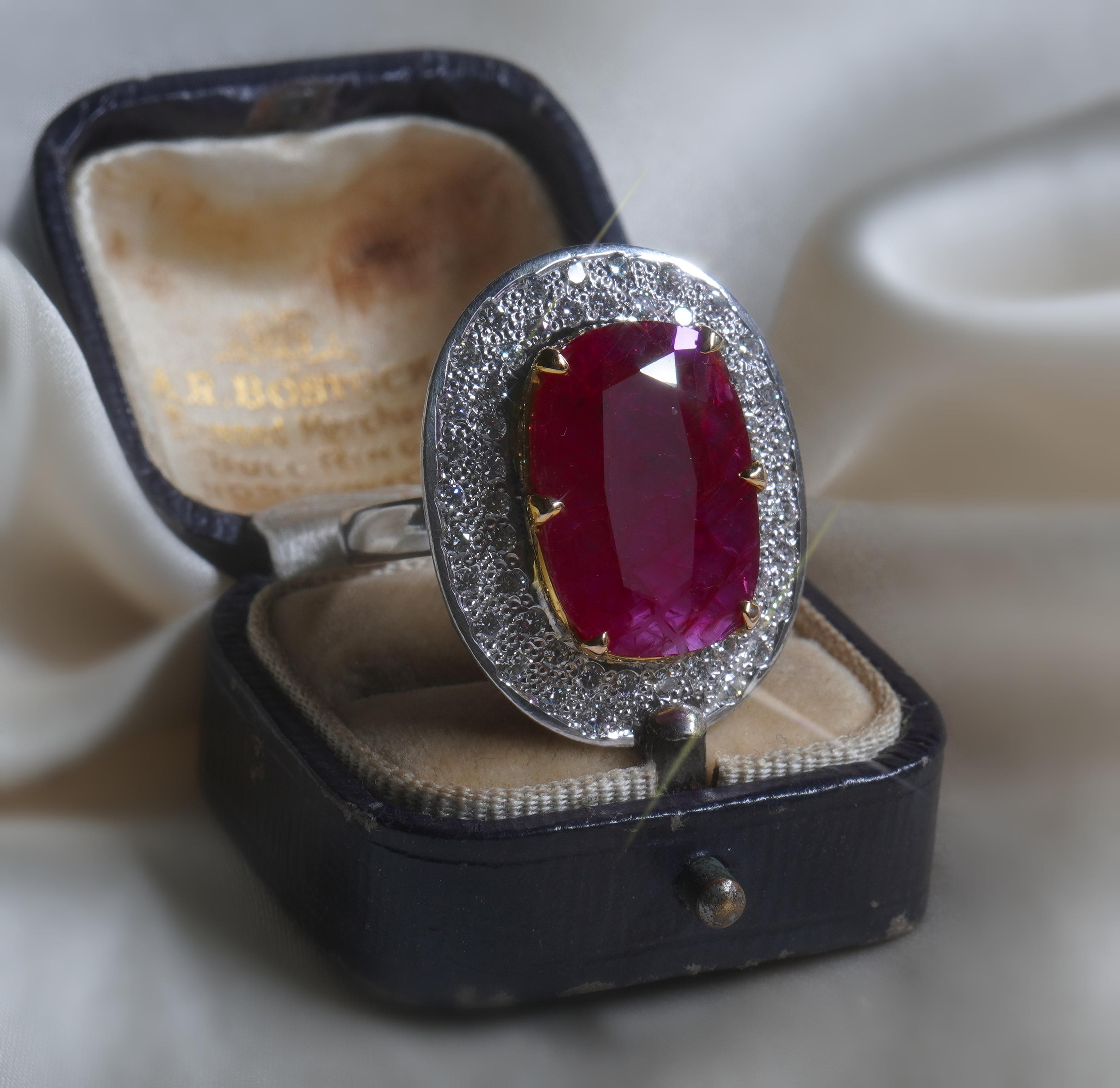 Old South Jewels proudly presents GIL CERTIFIED VINTAGE PLATINUM & 18K RED NO HEAT RUBY DIAMOND 11.43 CARAT VINTAGE RING!   Fine 10.35 Carat Rich Red Ruby Crowned With 1.08 Carats of Sparkling Diamonds White Eye Clean VS Diamonds.  RARE GIANT RUBY