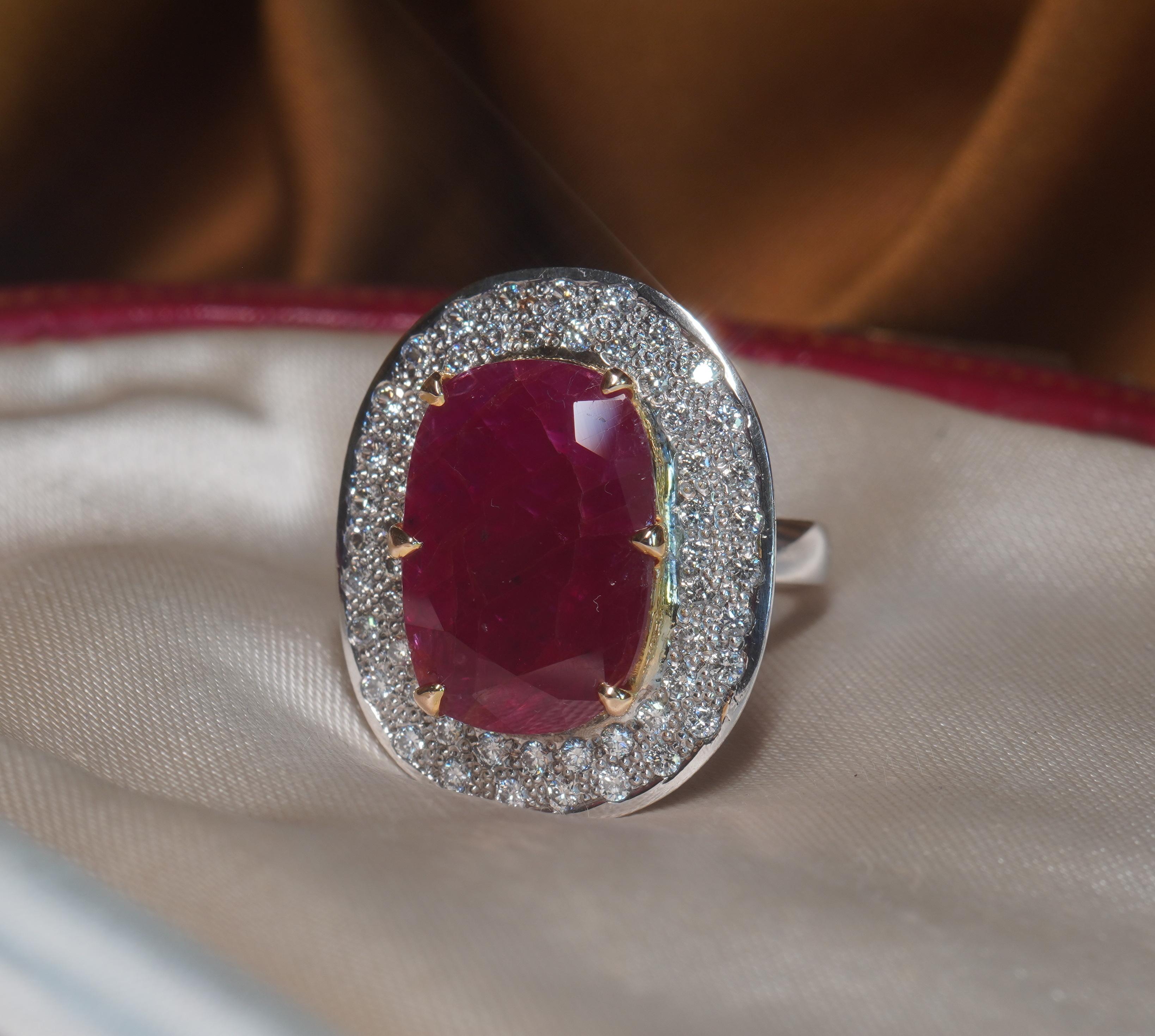 Women's or Men's GIL Unheated Ruby Diamond Platinum Ring Vintage Certified 18K Huge 11.43 Cts