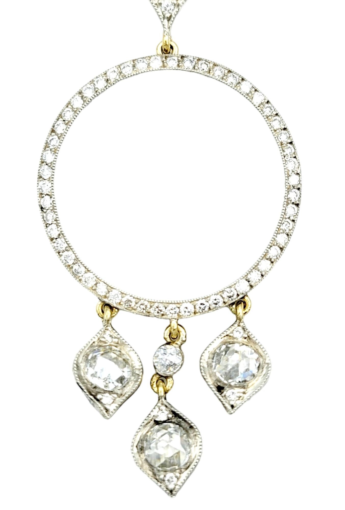 Rose Cut Gilan Open Circle Diamond Dangle Pendant Necklace in 14 Karat Yellow Gold For Sale