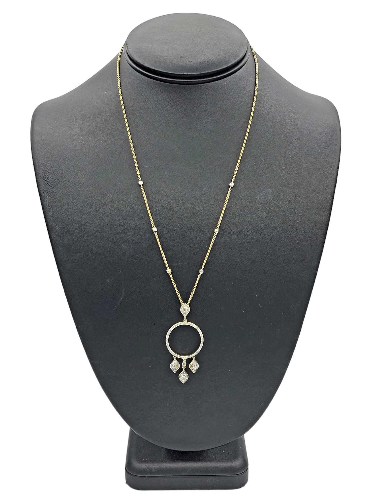 Gilan Open Circle Diamond Dangle Pendant Necklace in 14 Karat Yellow Gold For Sale 3