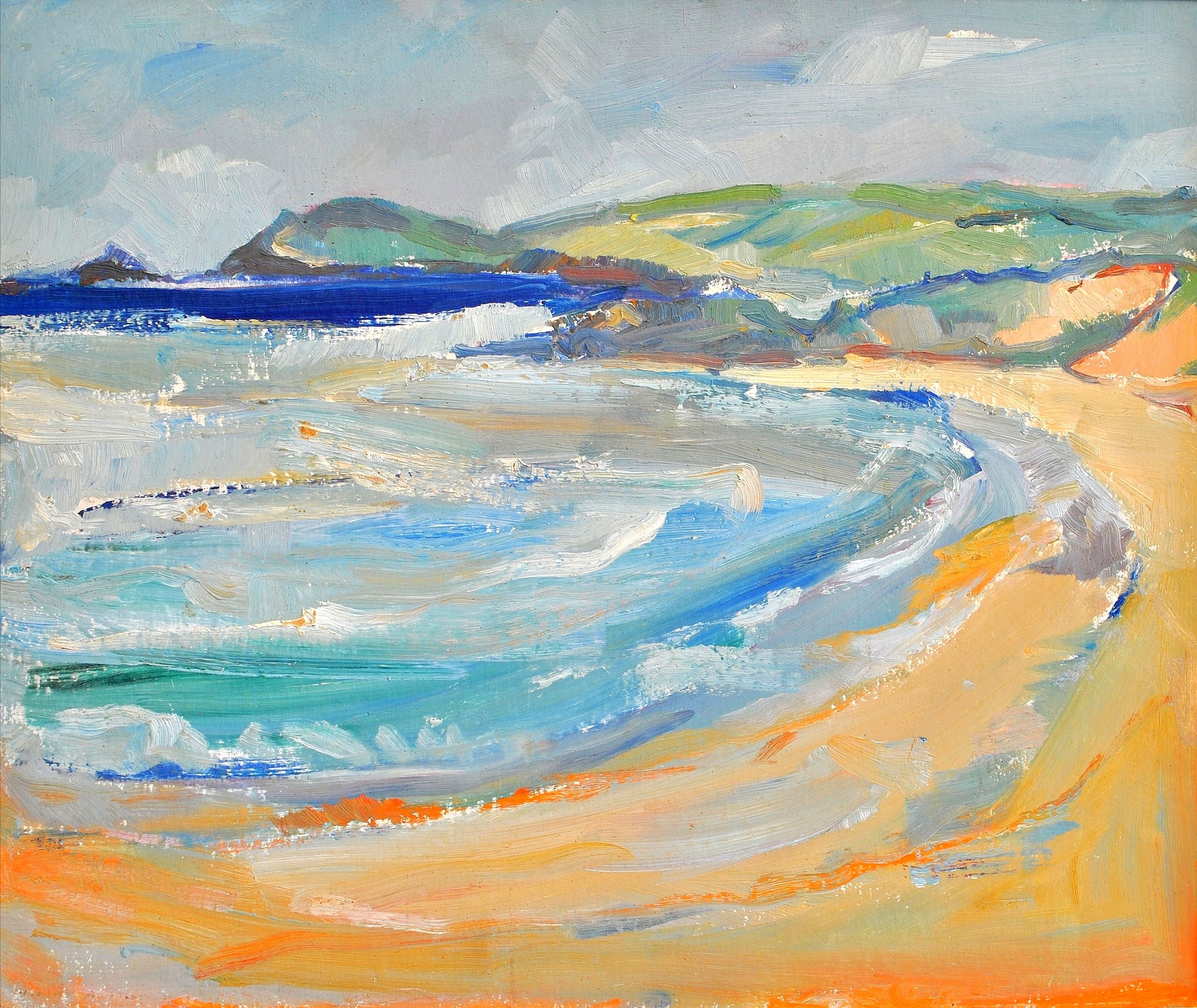 This very beautiful mid 20th century impressionist oil on board by Gilbert Adams depicts Constantine Bay in North Cornwall, known as one of the best surfing spots in the county. The artist has captured the bay on a sunny summers day using a