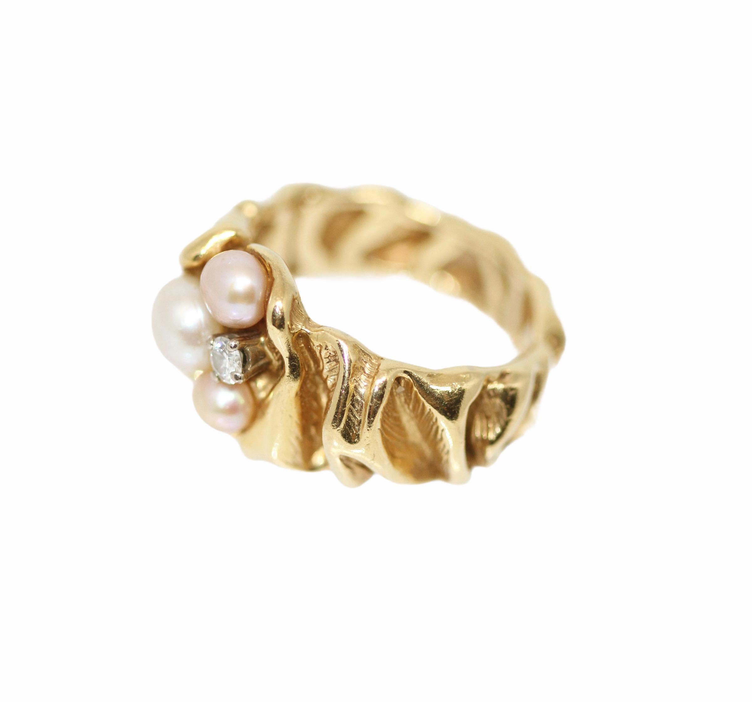 Taglio brillante Anello con perle e diamanti in oro 18 carati di Gilbert Albert in vendita