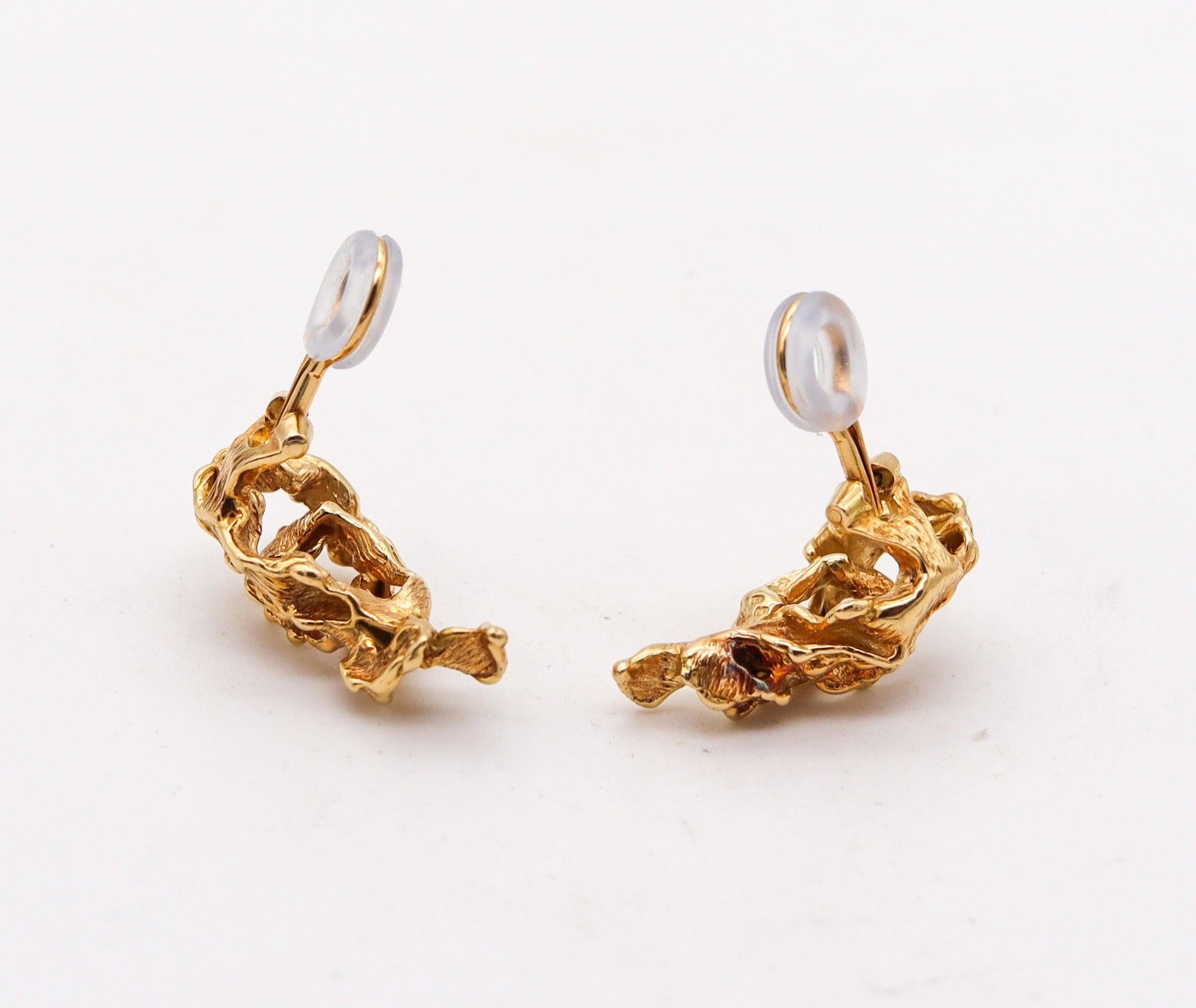 Modernist GILBERT ALBERT 1965 Sculpted Organic Clips On Earrings In 18Kt Yellow Gold