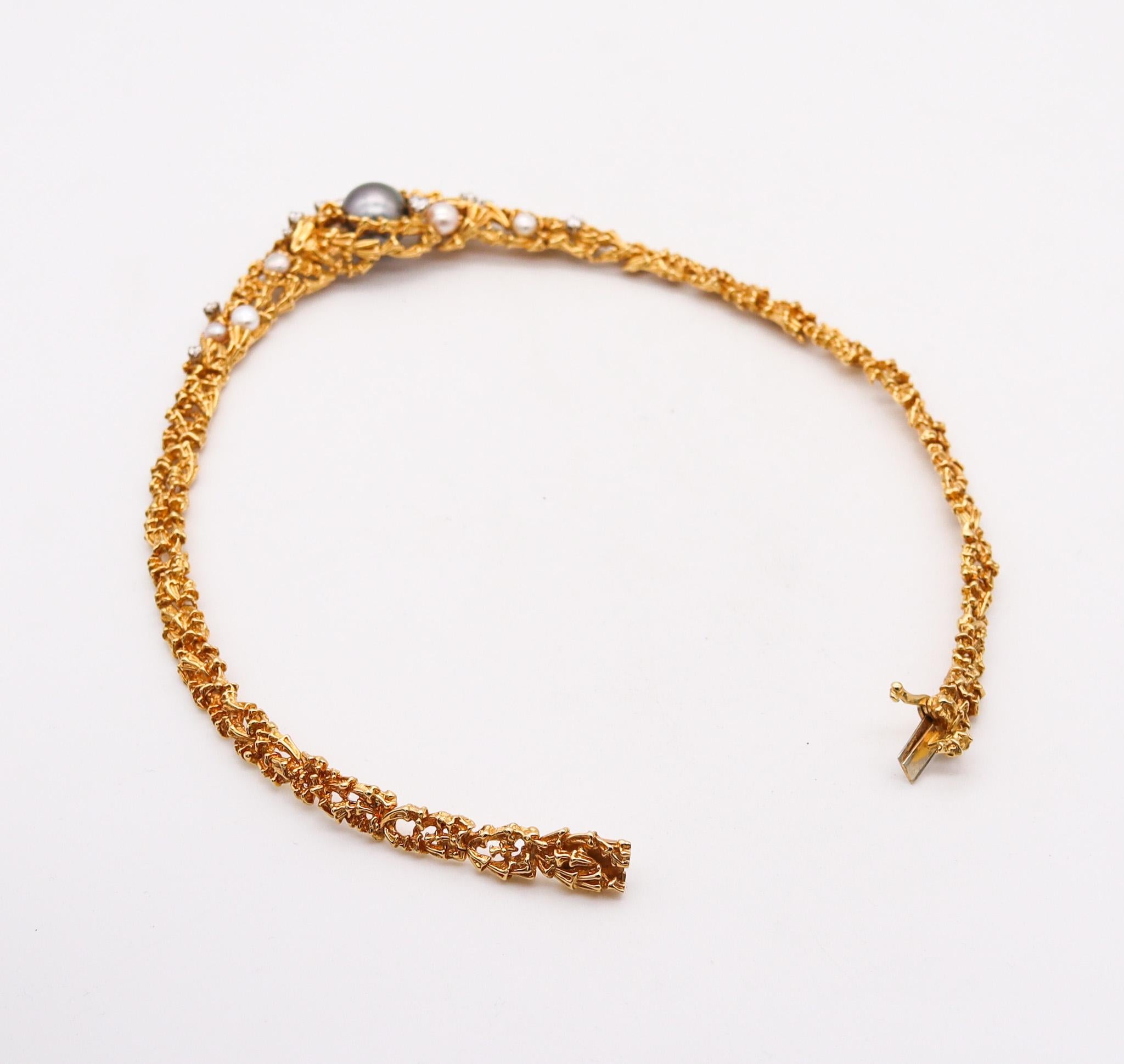 Gilbert Albert Collier organique en or jaune 18 carats avec diamants et perles, 1970 en vente 1