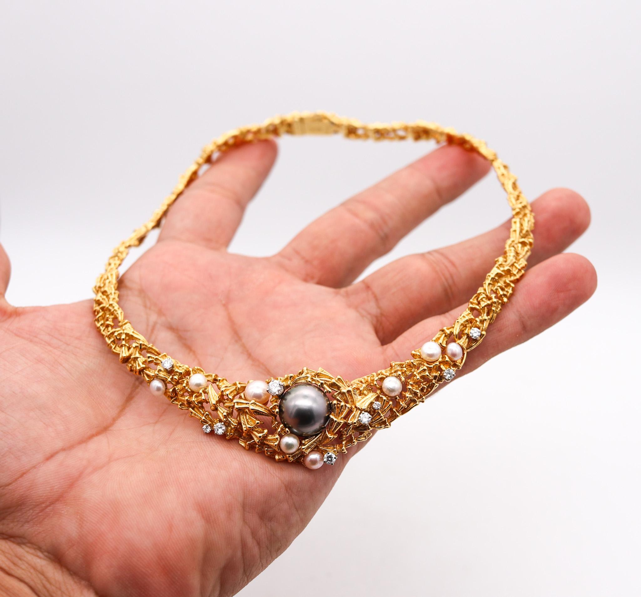 Gilbert Albert Collier organique en or jaune 18 carats avec diamants et perles, 1970 en vente 2