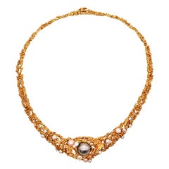 Organische Halskette aus 18 Karat Gelbgold mit Diamanten und Perlen von Gilbert Albert, 1970