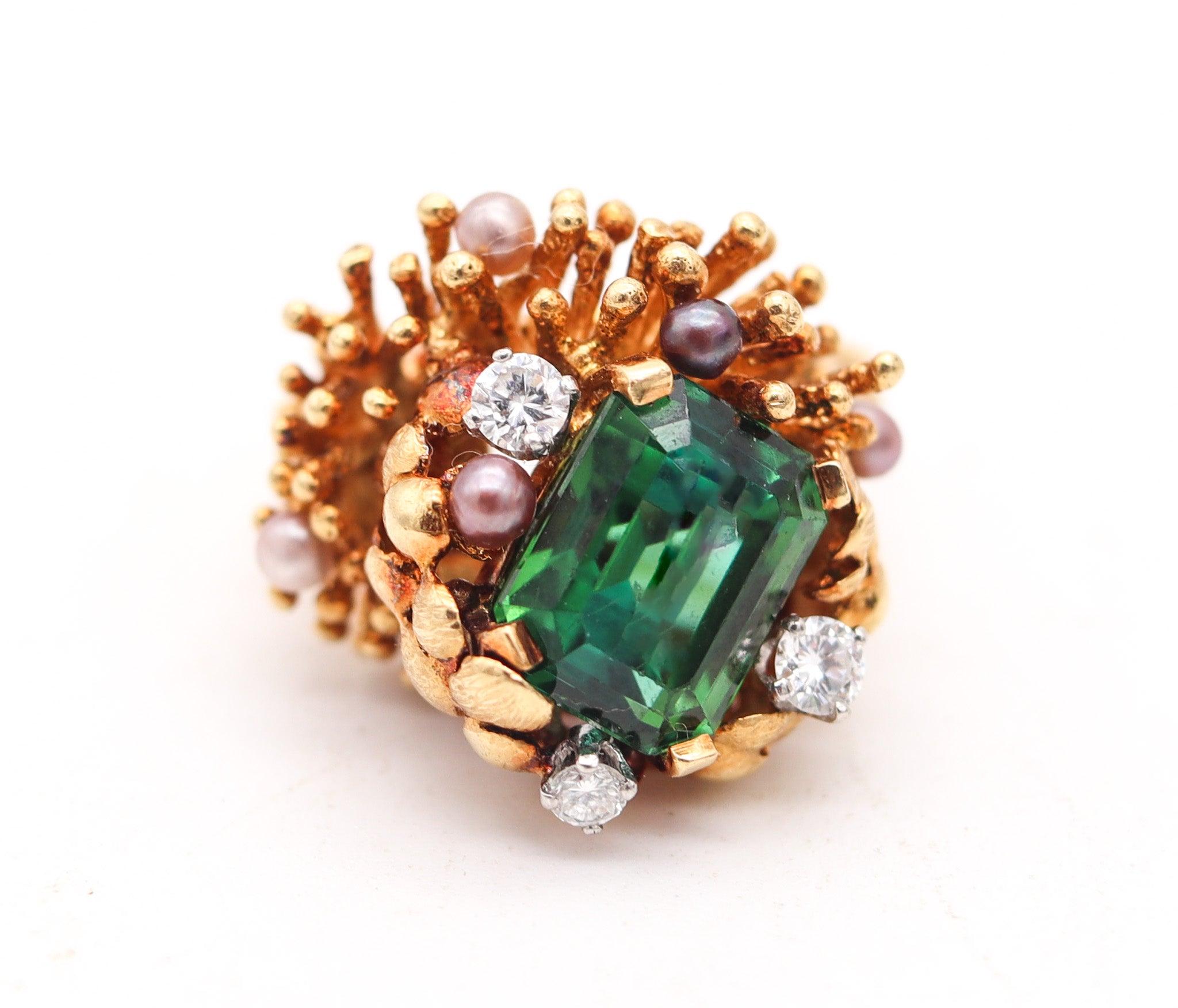 Moderniste GILBERT ALBERT 1970 Bague organique sculpturale en or 18Kt Diamants et tourmaline en vente