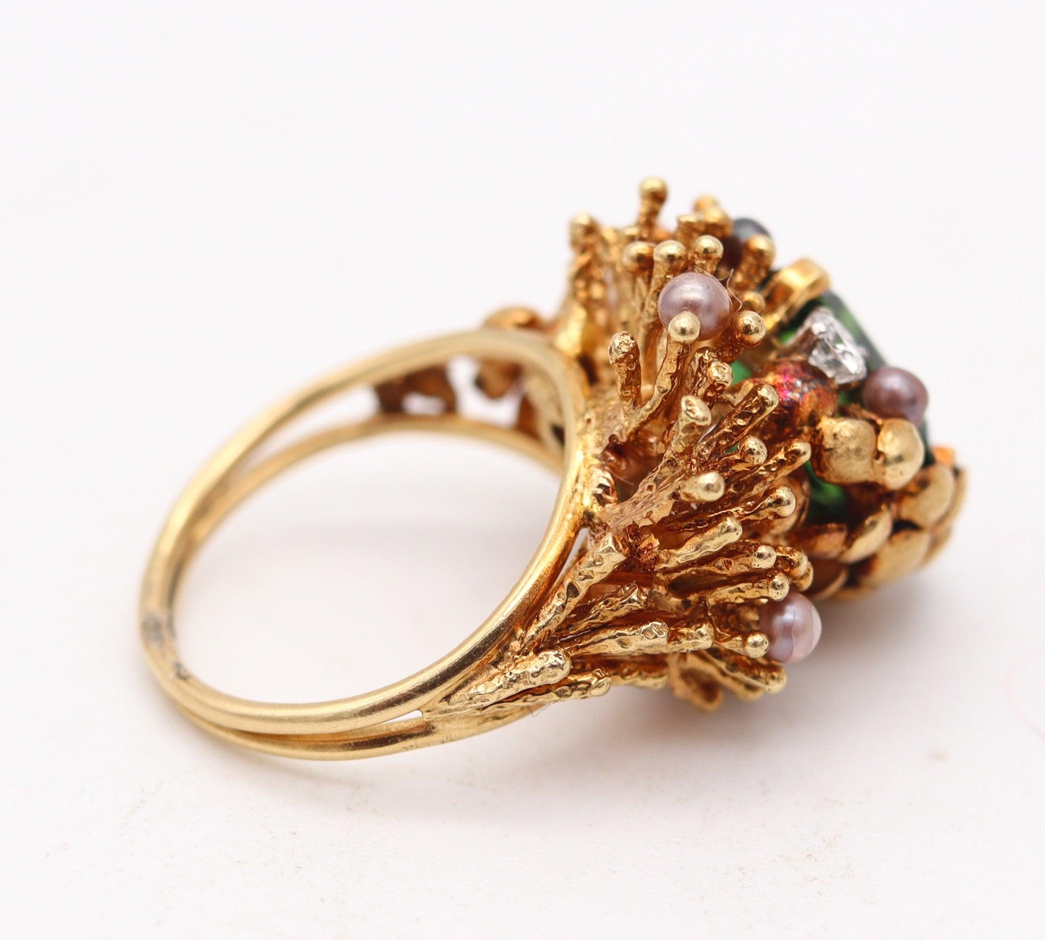 Taille brillant GILBERT ALBERT 1970 Bague organique sculpturale en or 18Kt Diamants et tourmaline en vente