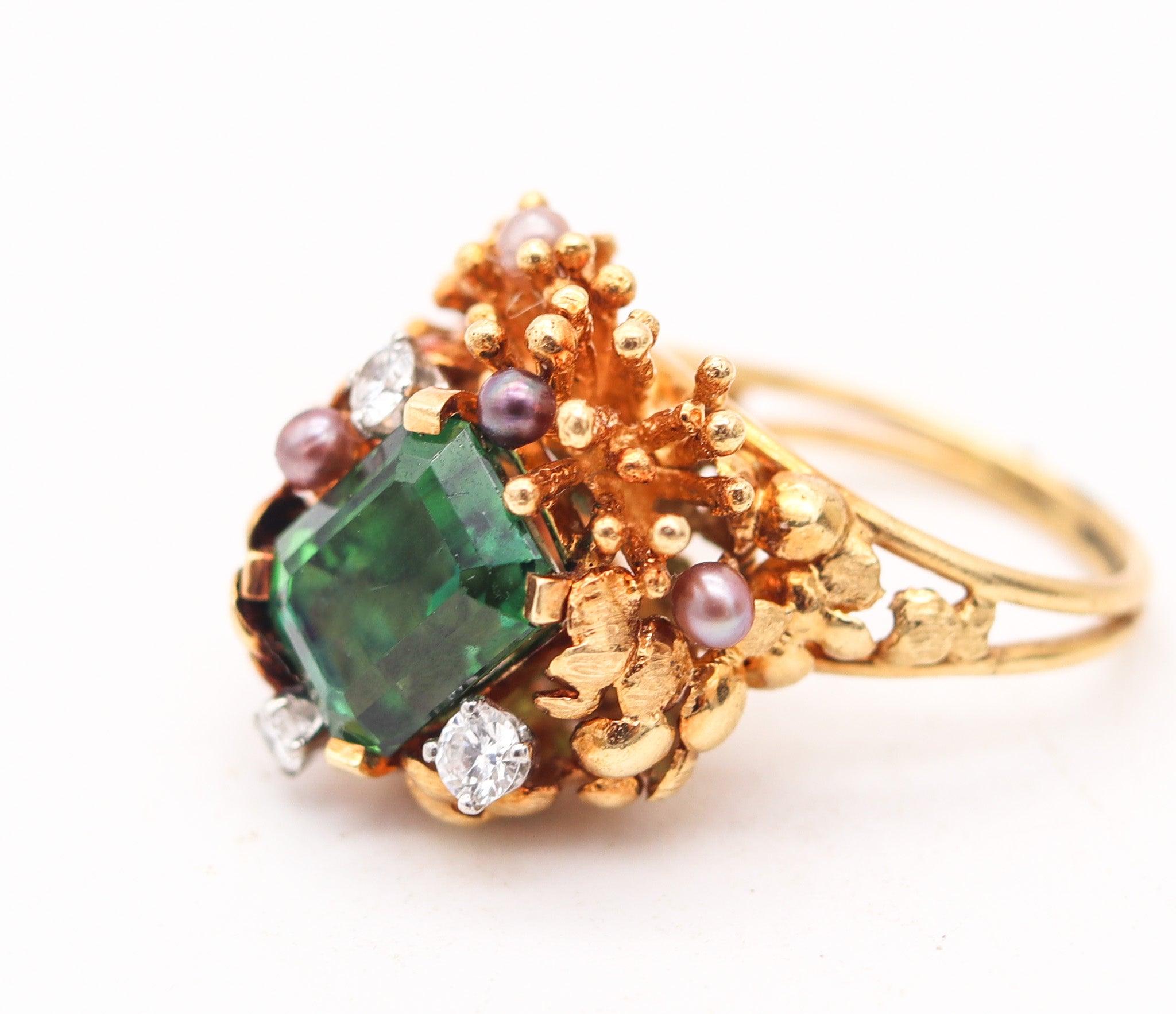 GILBERT ALBERT 1970 Bague organique sculpturale en or 18Kt Diamants et tourmaline Pour femmes en vente