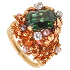 GILBERT ALBERT 1970 Sculptural Organic Ring In 18Kt Gold Diamonds & Tourmaline