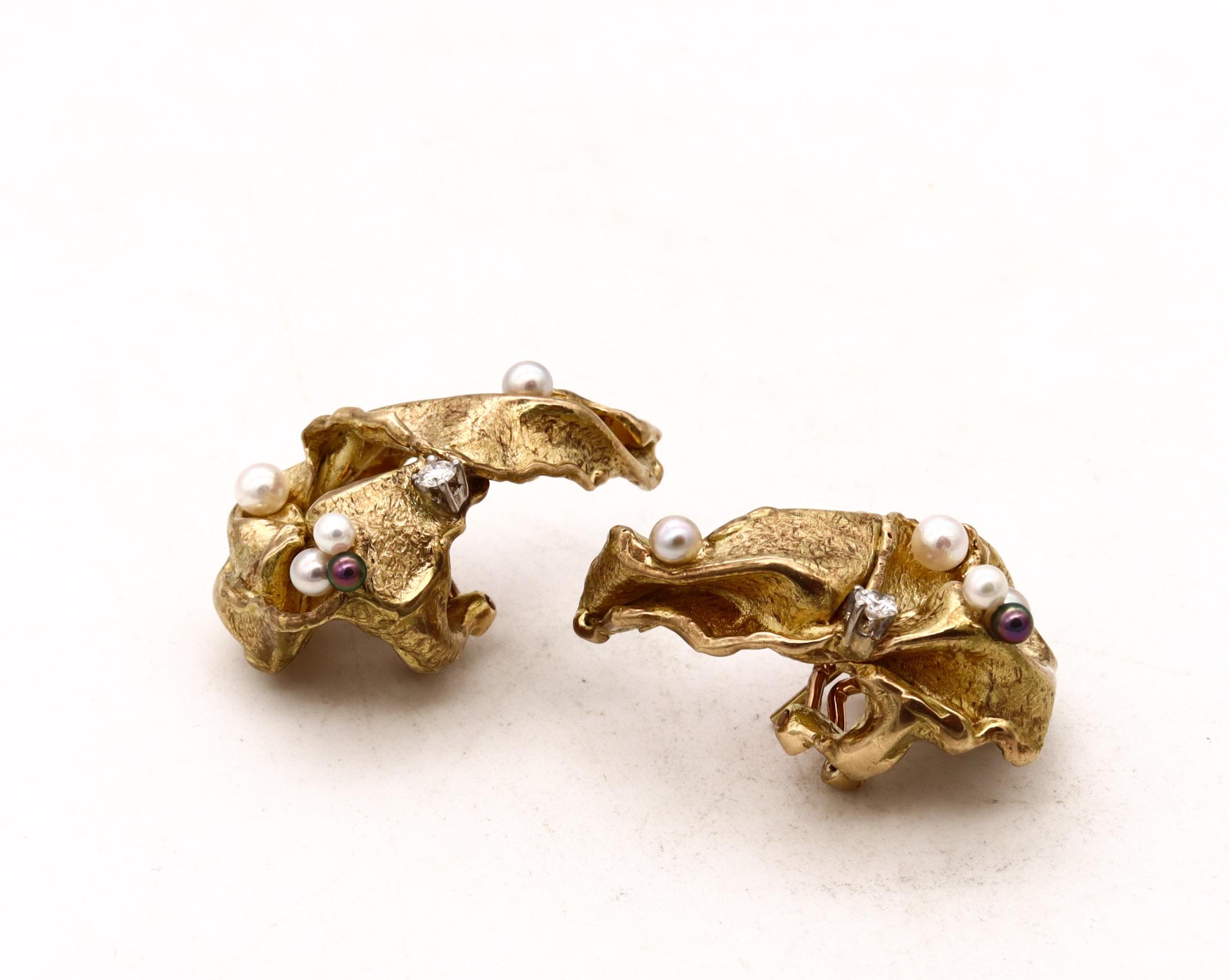 Gilbert Albert 1970 Swiss Modernist Clip Earrings In 18Kt Yellow Gold With Pearl 1