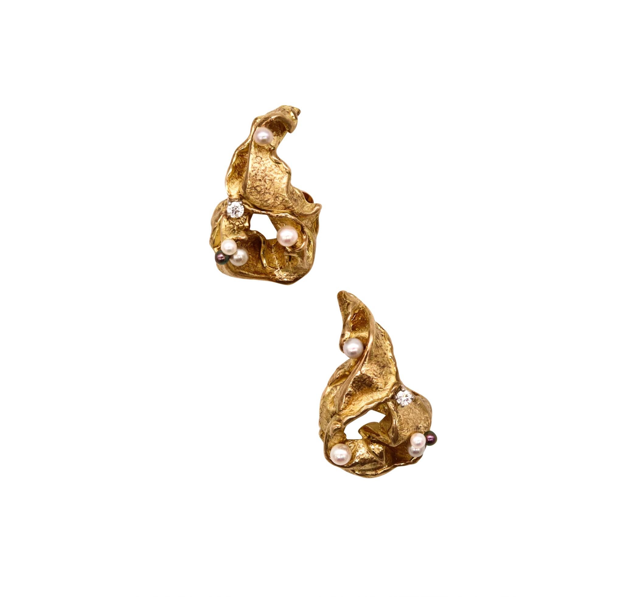 Gilbert Albert 1970 Swiss Modernist Clip Earrings In 18Kt Yellow Gold With Pearl 2