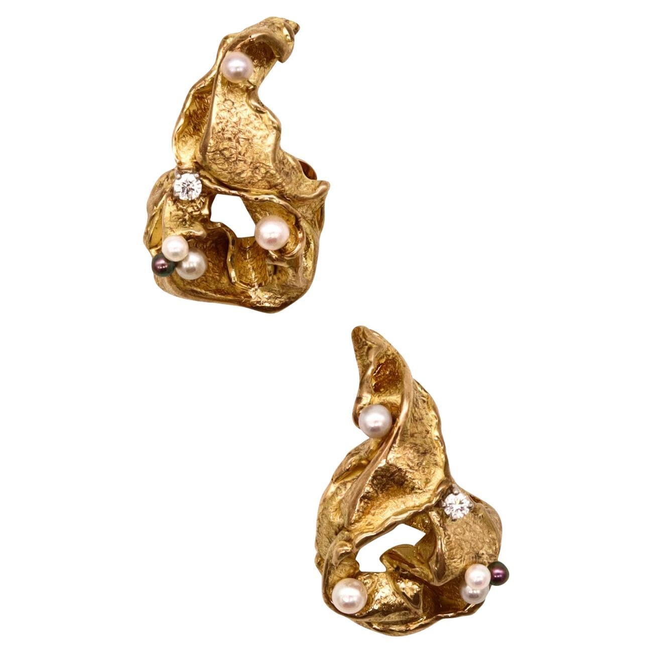 Gilbert Albert 1970 Swiss Modernist Clip Earrings In 18Kt Yellow Gold With Pearl