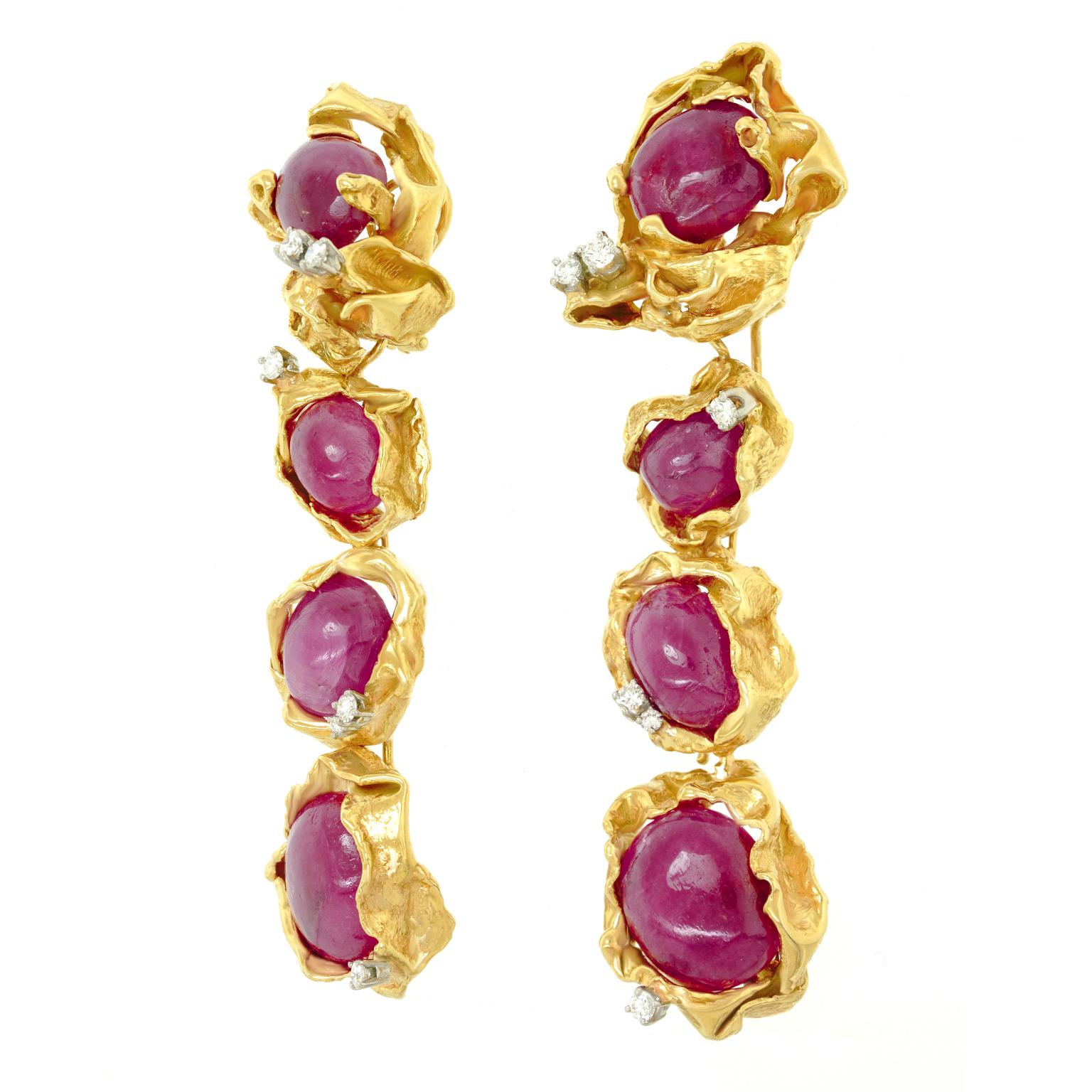 Modernist Gilbert Albert Abstract Swiss Modern Ruby and Diamond Chandelier Earrings