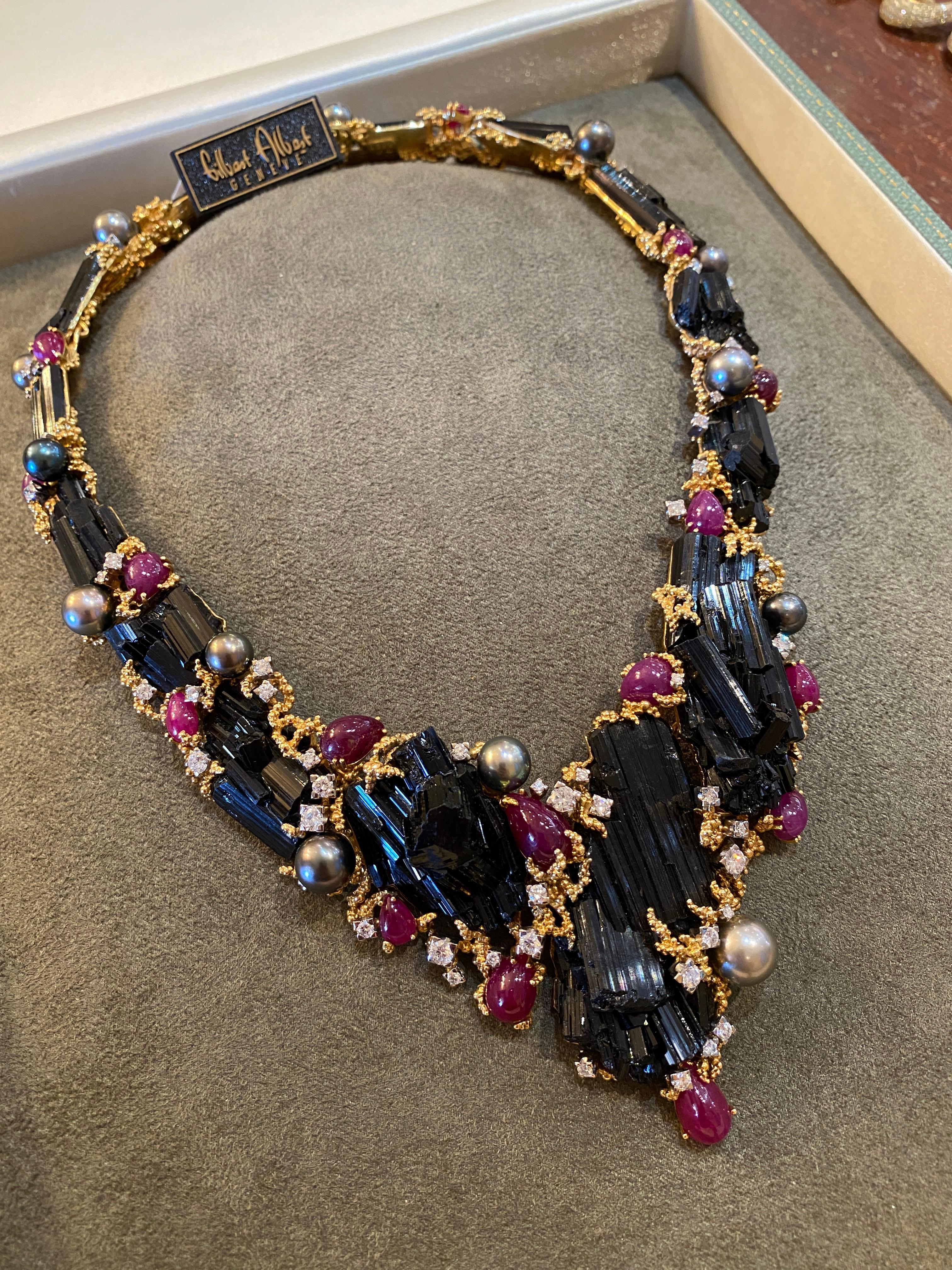 Black Tourmaline, Ruby and Diamond Statement Necklace
in 18k Yellow Gold
by Gilbert Albert (Geneva)

features
Large Black Tourmaline Crystals set in textured 18k Yellow Gold
with Ruby Cabochons, Diamonds and Black Tahitian Pearls

5.00 carats of