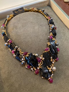 Gilbert Albert Blk Tourmaline, Ruby, Pearl & Diamond Necklace in 18k Yellow Gold
