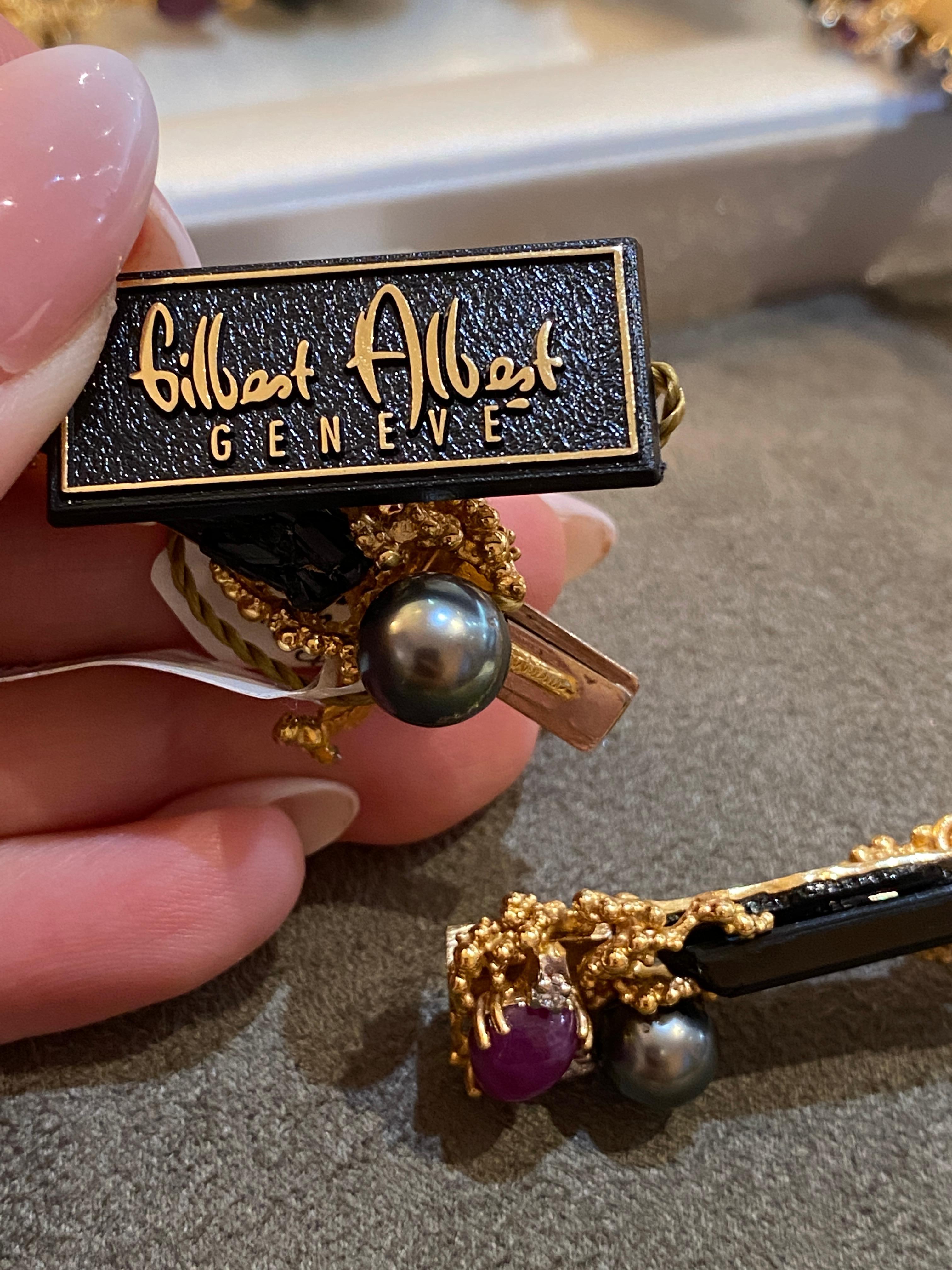 Gilbert Albert Blk Collier en or jaune 18 carats avec tourmaline, rubis, perles et diamants en vente 2