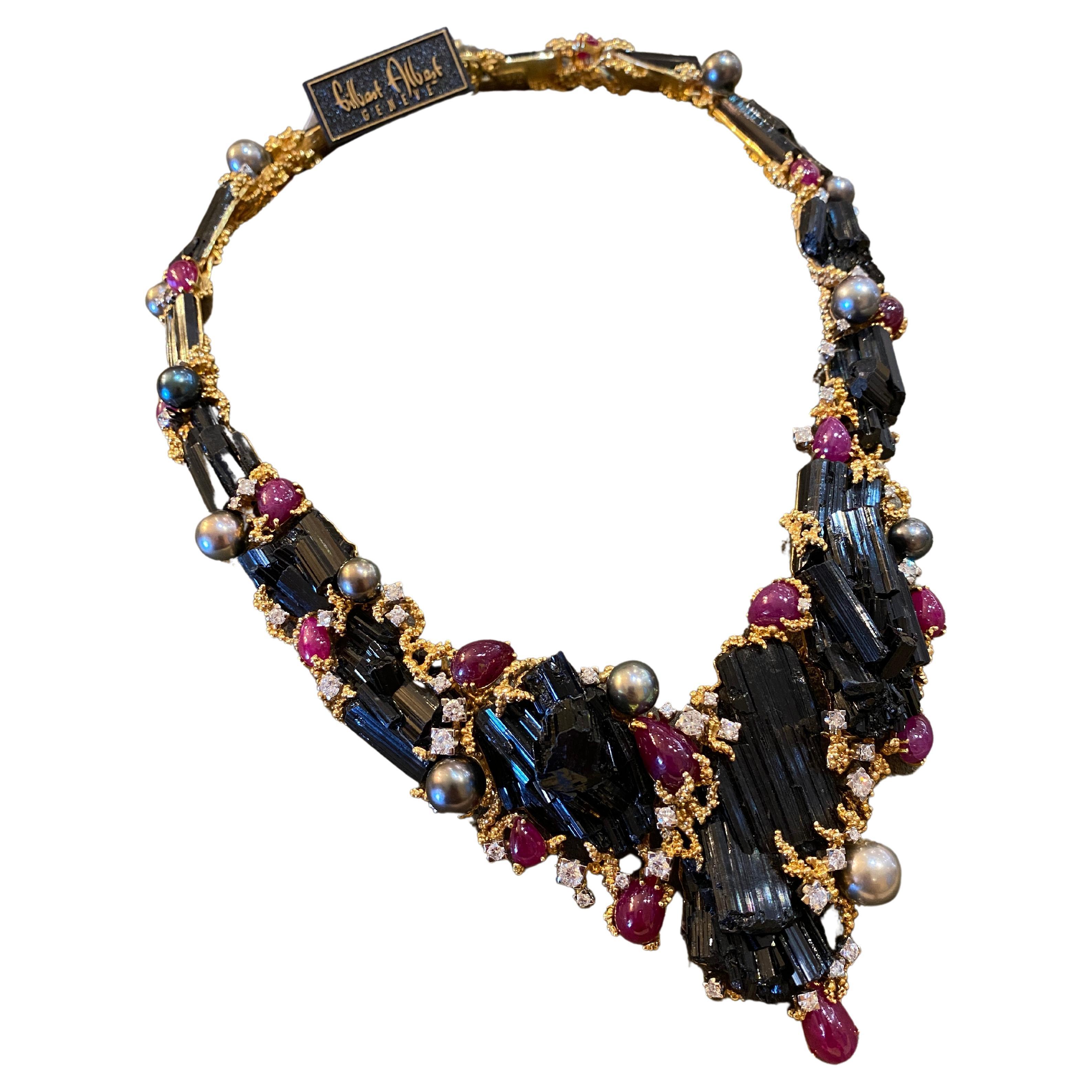 Gilbert Albert Blk Tourmaline, Ruby, Pearl & Diamond Necklace in 18k Yellow Gold For Sale