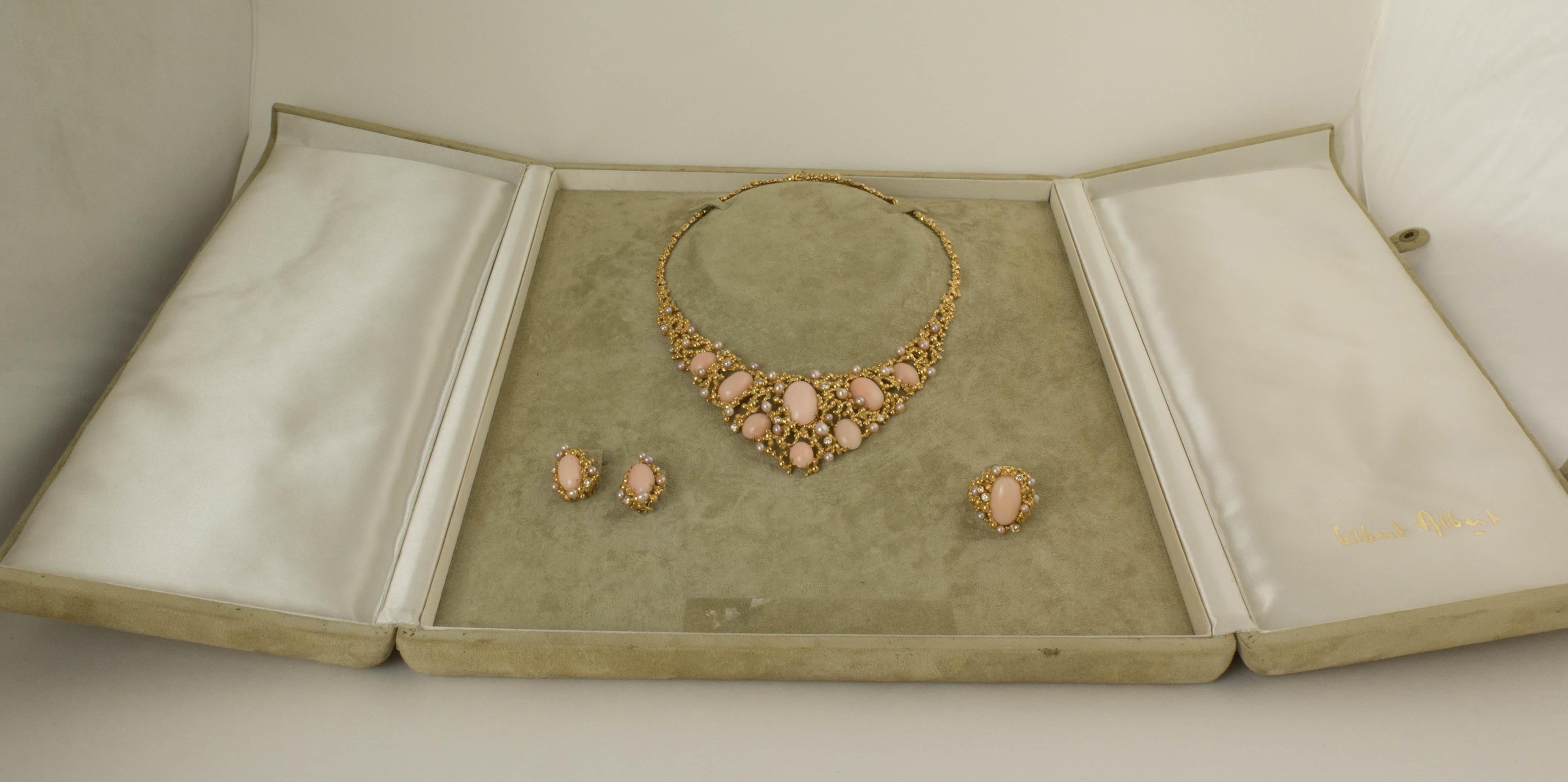 Gilbert Albert Coral, Pearl and Diamond Suite, Necklace, Ring, Earclips, 1970s For Sale 3