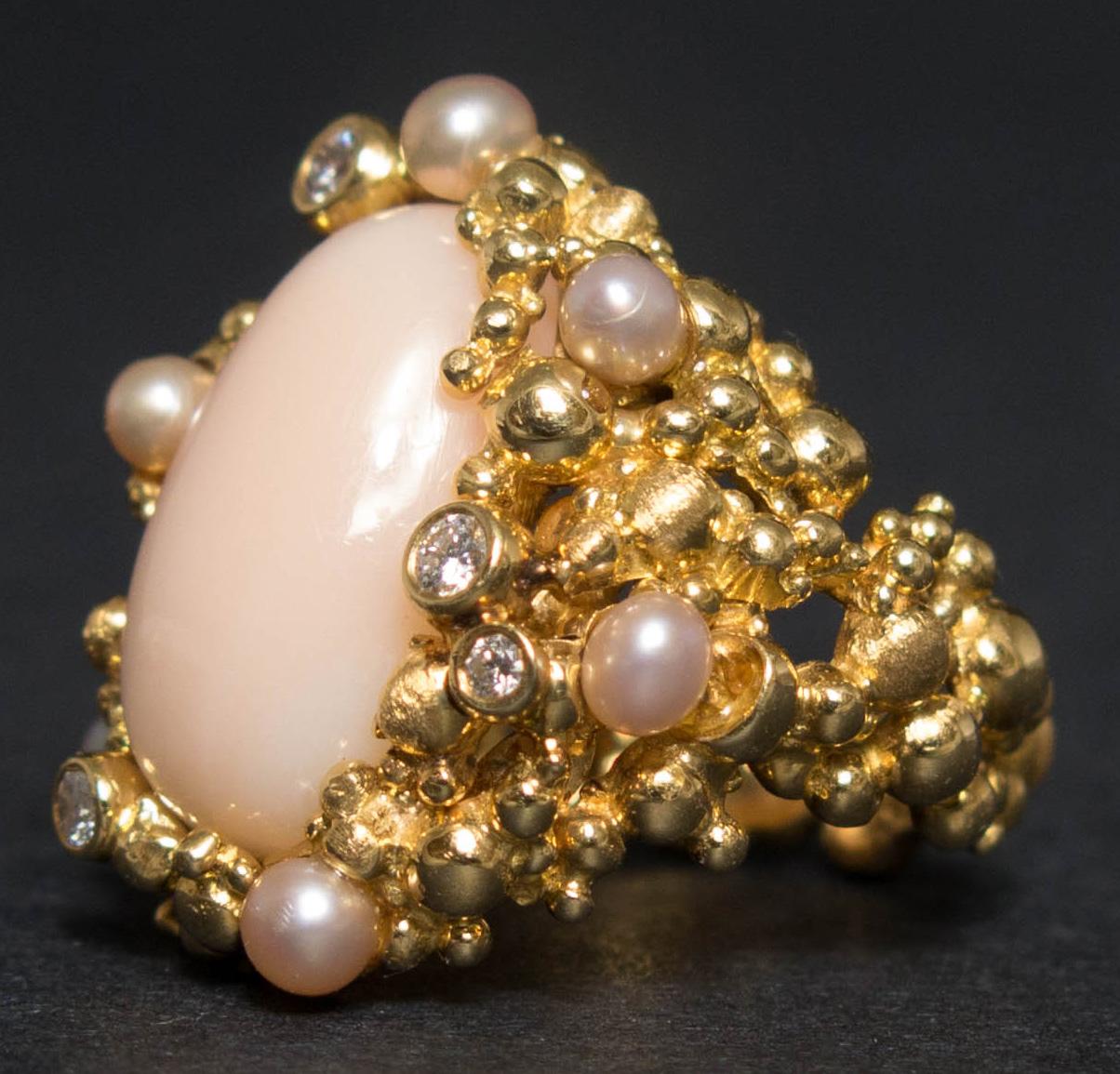 Modern Gilbert Albert Coral, Pearl and Diamond Suite, Necklace, Ring, Earclips, 1970s For Sale