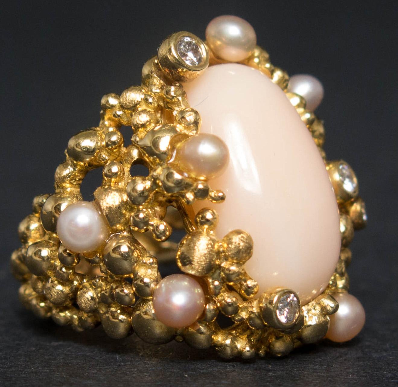Women's Gilbert Albert Coral, Pearl and Diamond Suite, Necklace, Ring, Earclips, 1970s For Sale