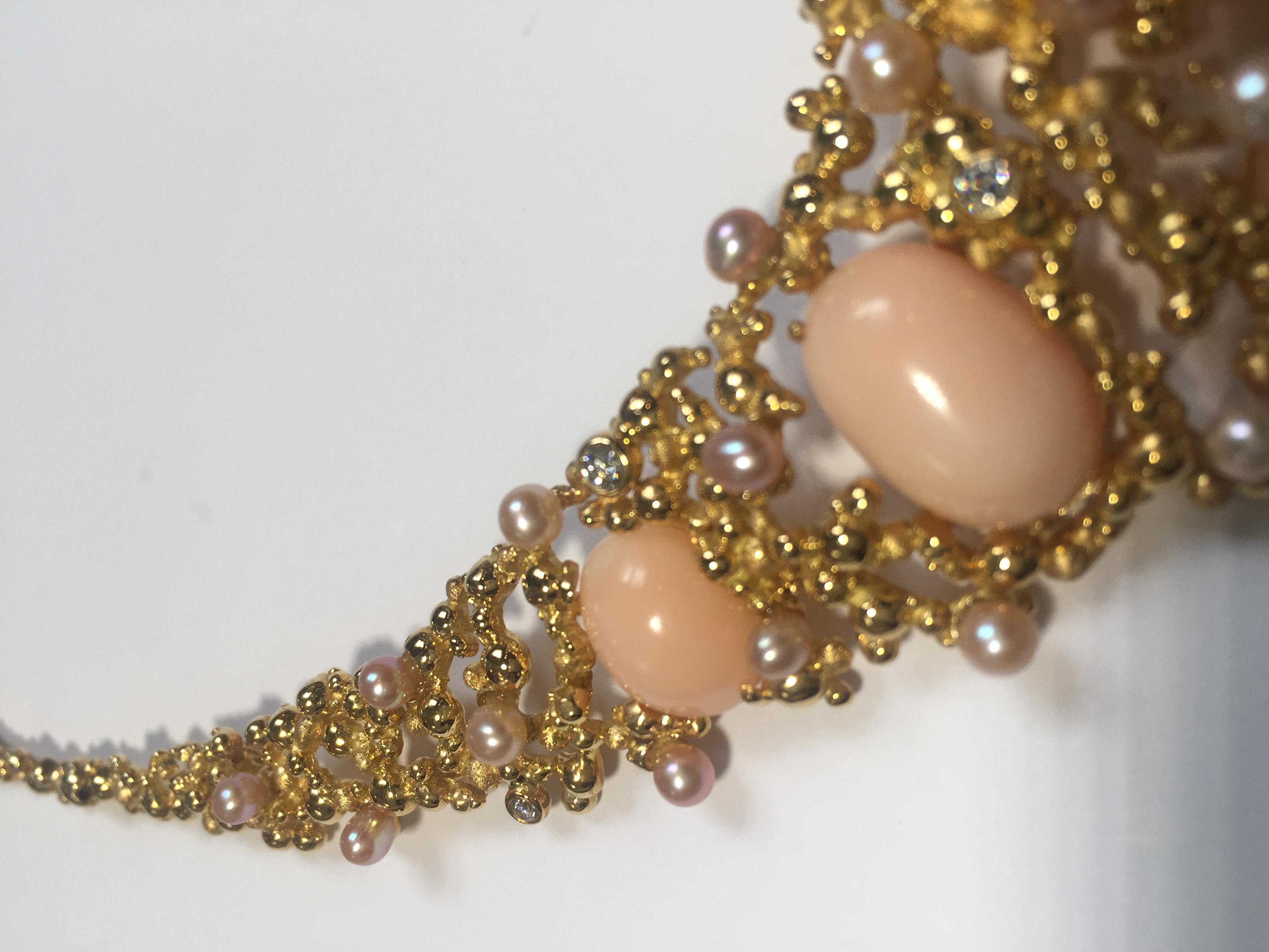 Gilbert Albert Coral, Pearl and Diamond Suite, Necklace, Ring, Earclips, 1970s For Sale 1