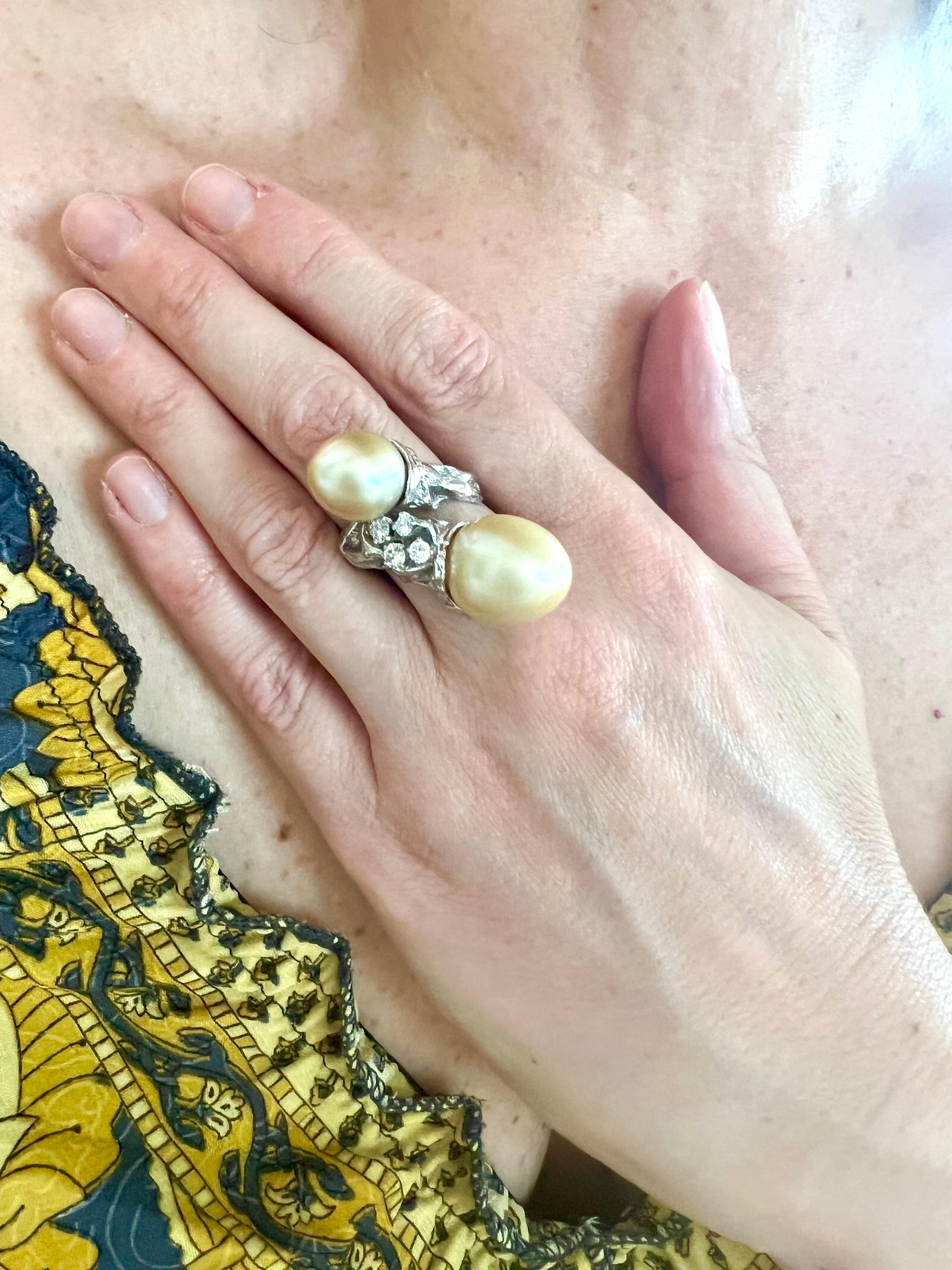 Modern Gilbert Albert Gold Pearls Diamonds 18 Carat White Gold Cocktail Ring For Sale