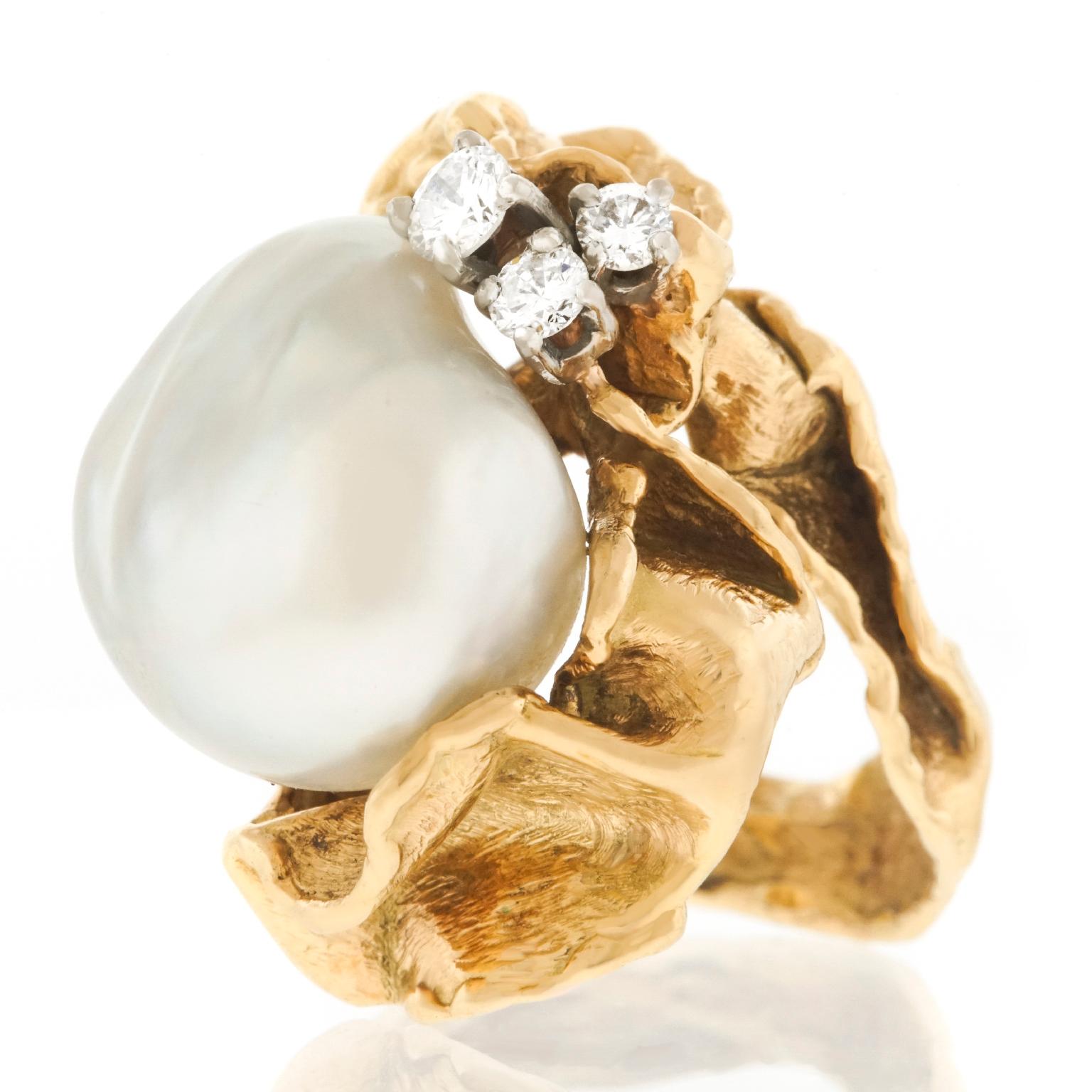 Gilbert Albert Modernist Diamond and Pearl Set Gold Ring For Sale 2