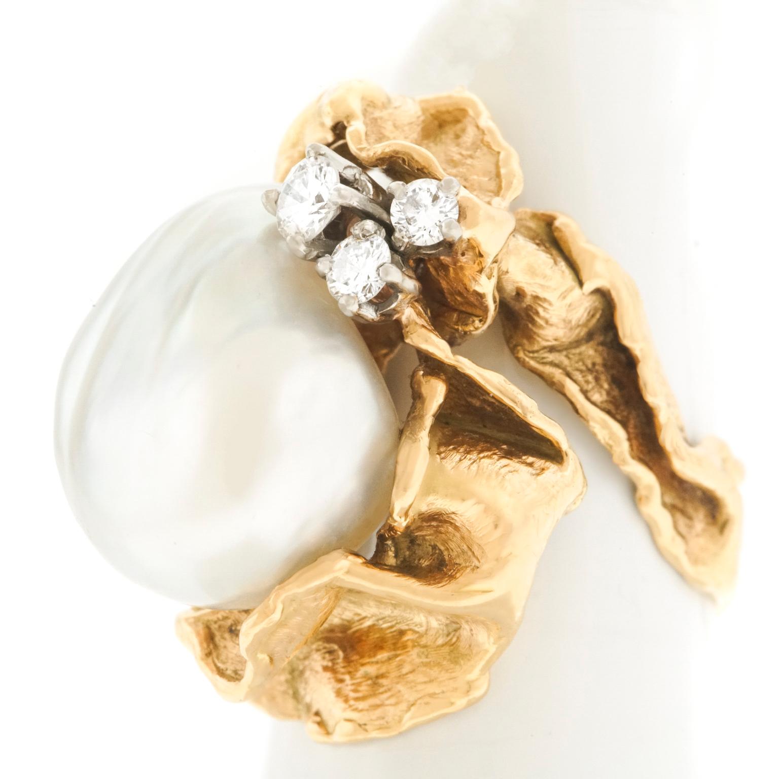 Gilbert Albert Modernist Diamond and Pearl Set Gold Ring For Sale 4