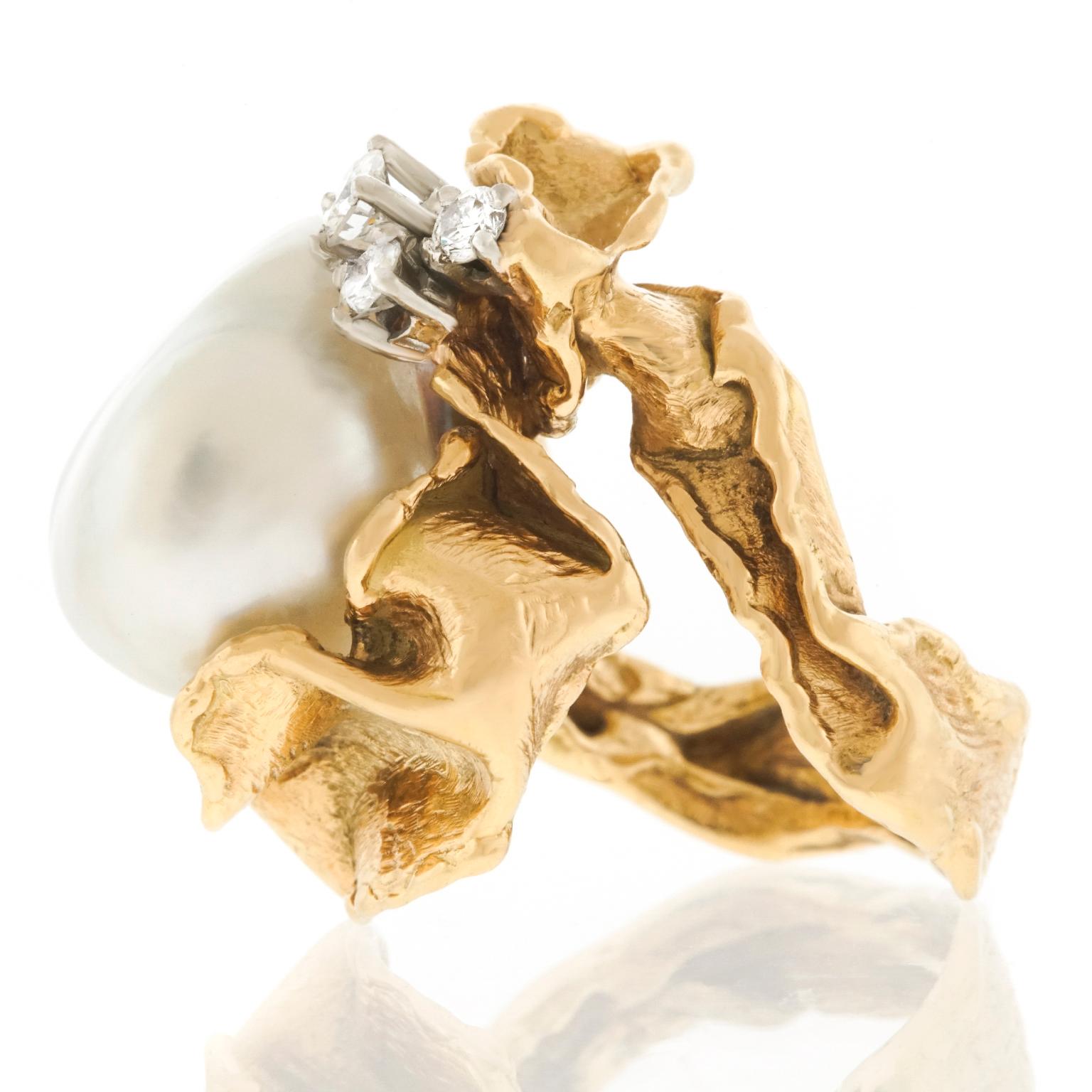 Women's or Men's Gilbert Albert Modernist Diamond and Pearl Set Gold Ring For Sale