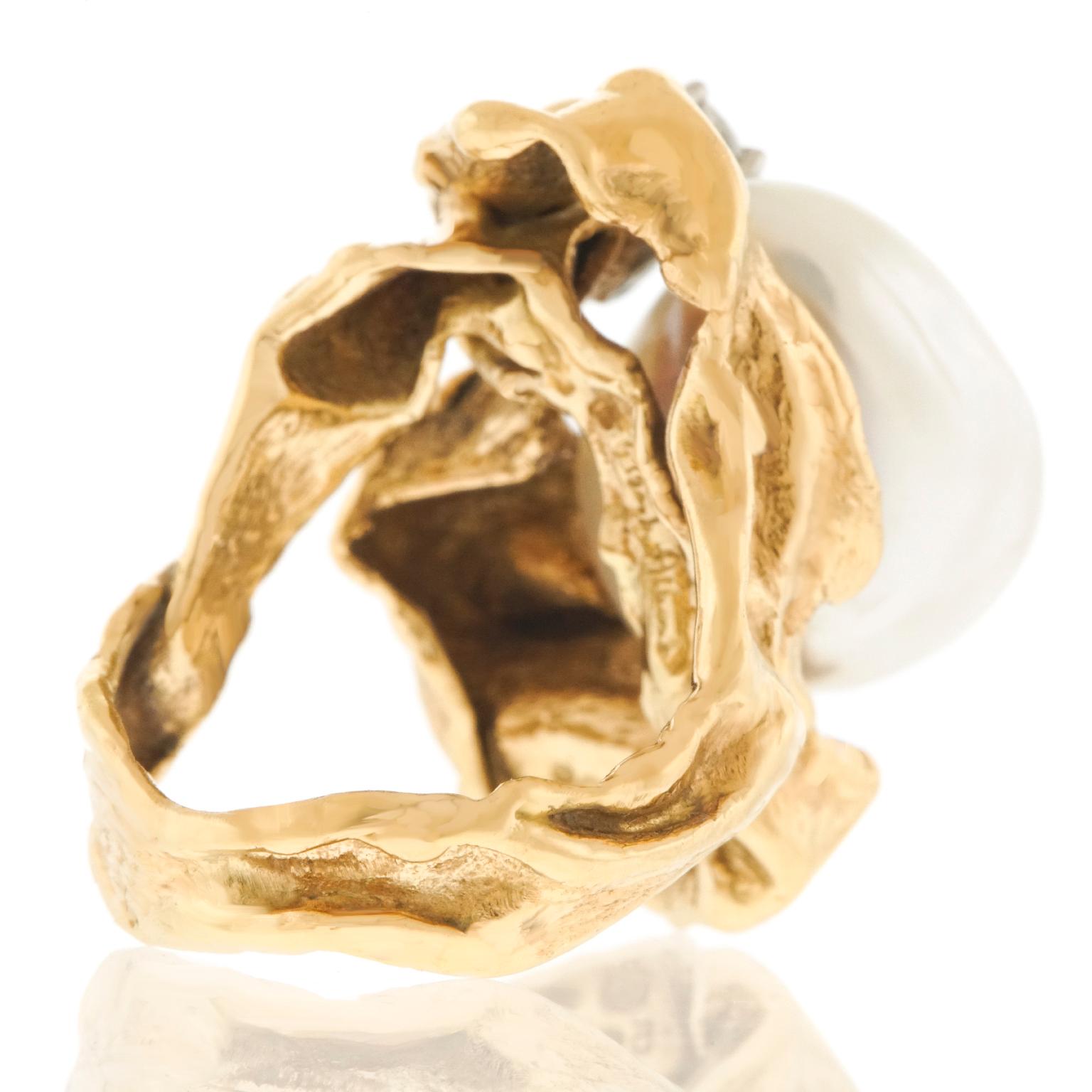 Gilbert Albert Modernist Diamond and Pearl Set Gold Ring For Sale 1