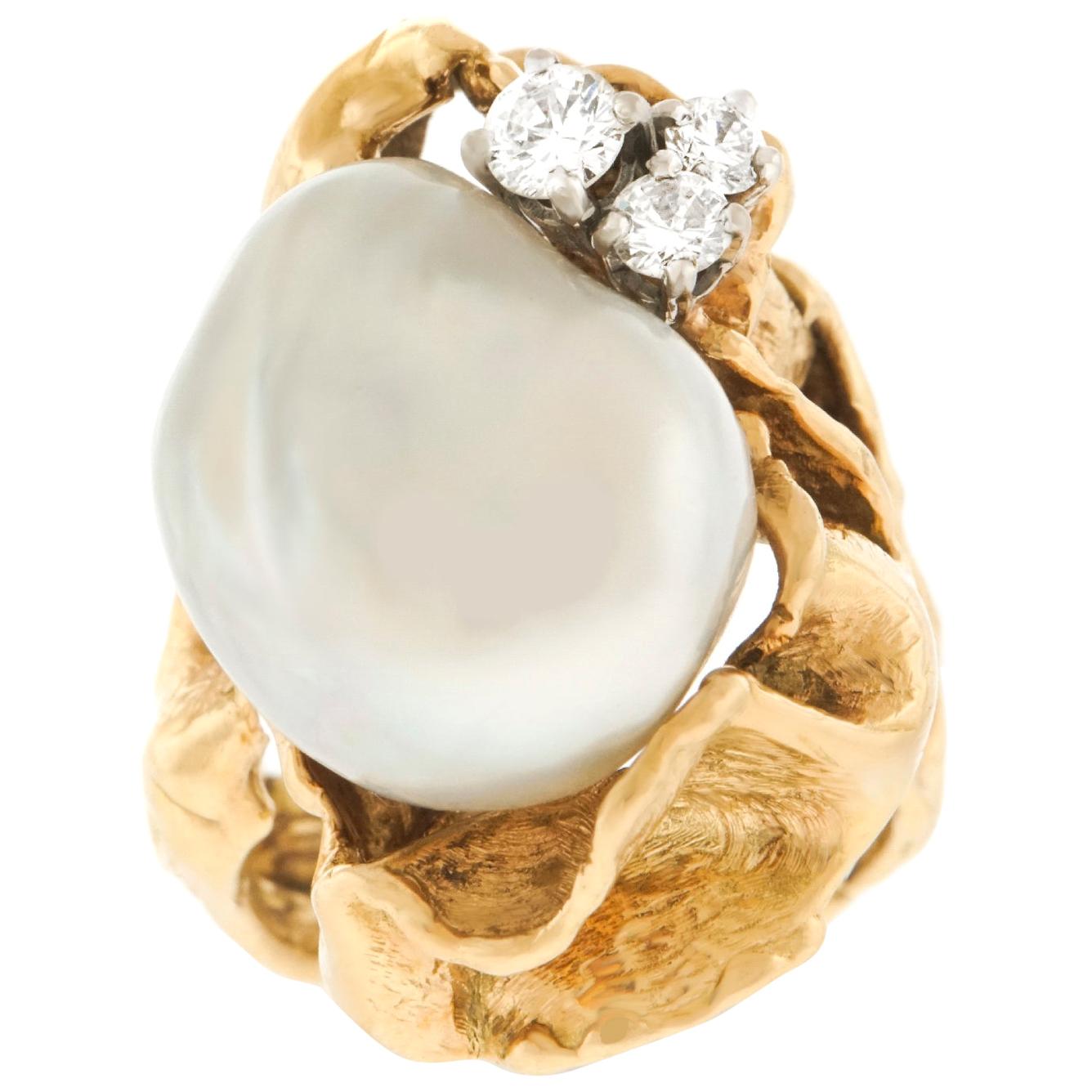 Gilbert Albert Modernist Diamond and Pearl Set Gold Ring For Sale