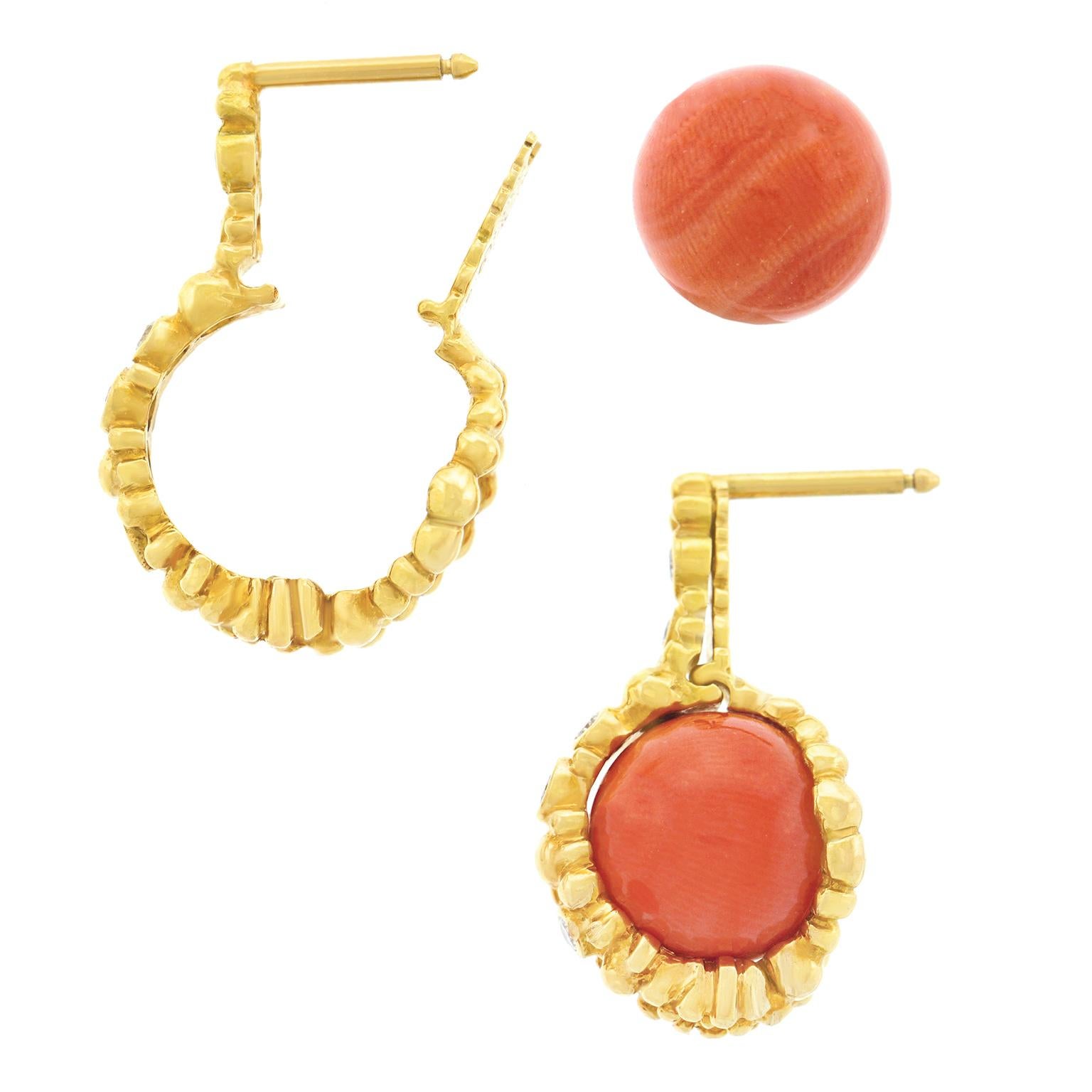 Gilbert Albert Natural Coral and Diamond Set Gold Earrings In Excellent Condition In Litchfield, CT