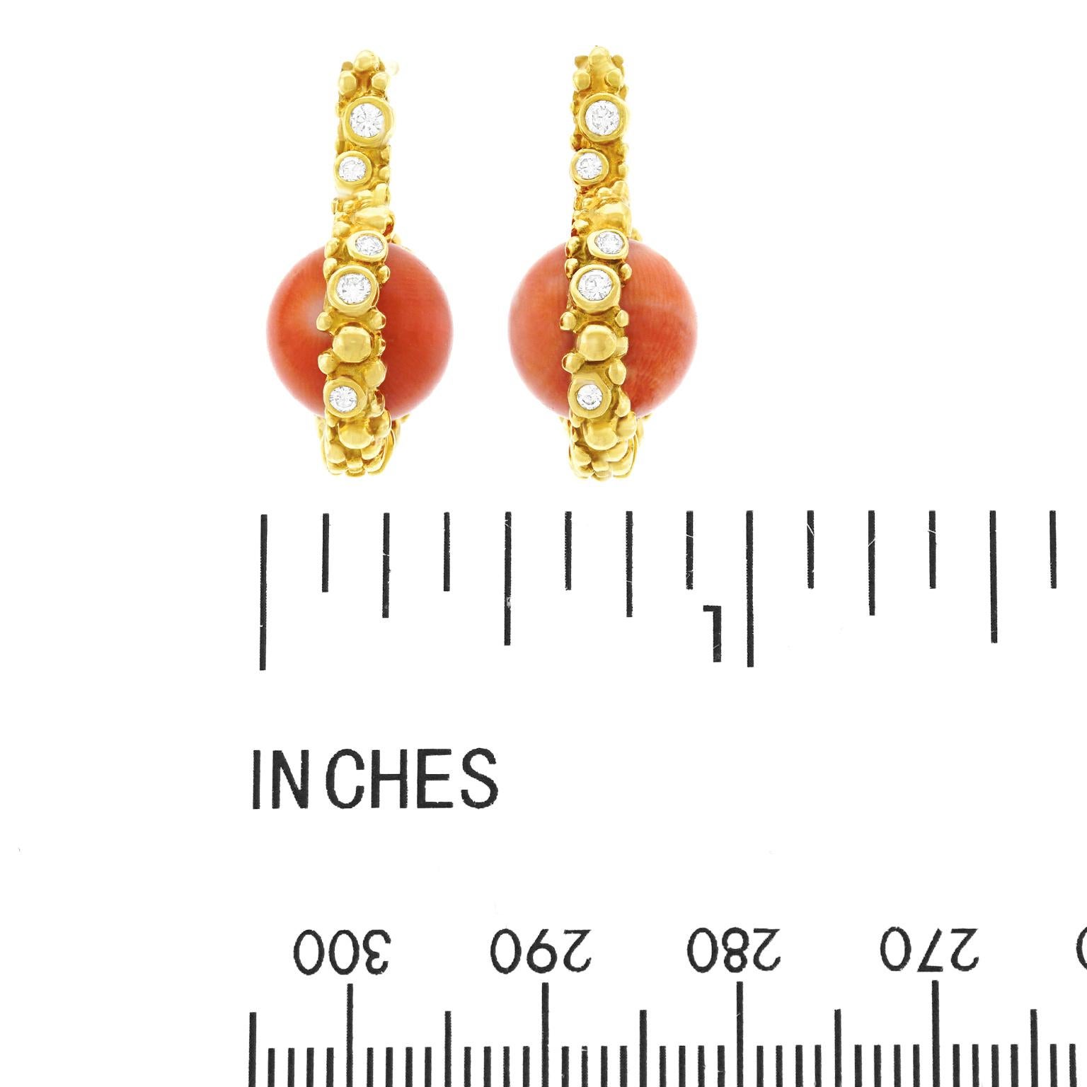 Gilbert Albert Natural Coral and Diamond Set Gold Earrings 2