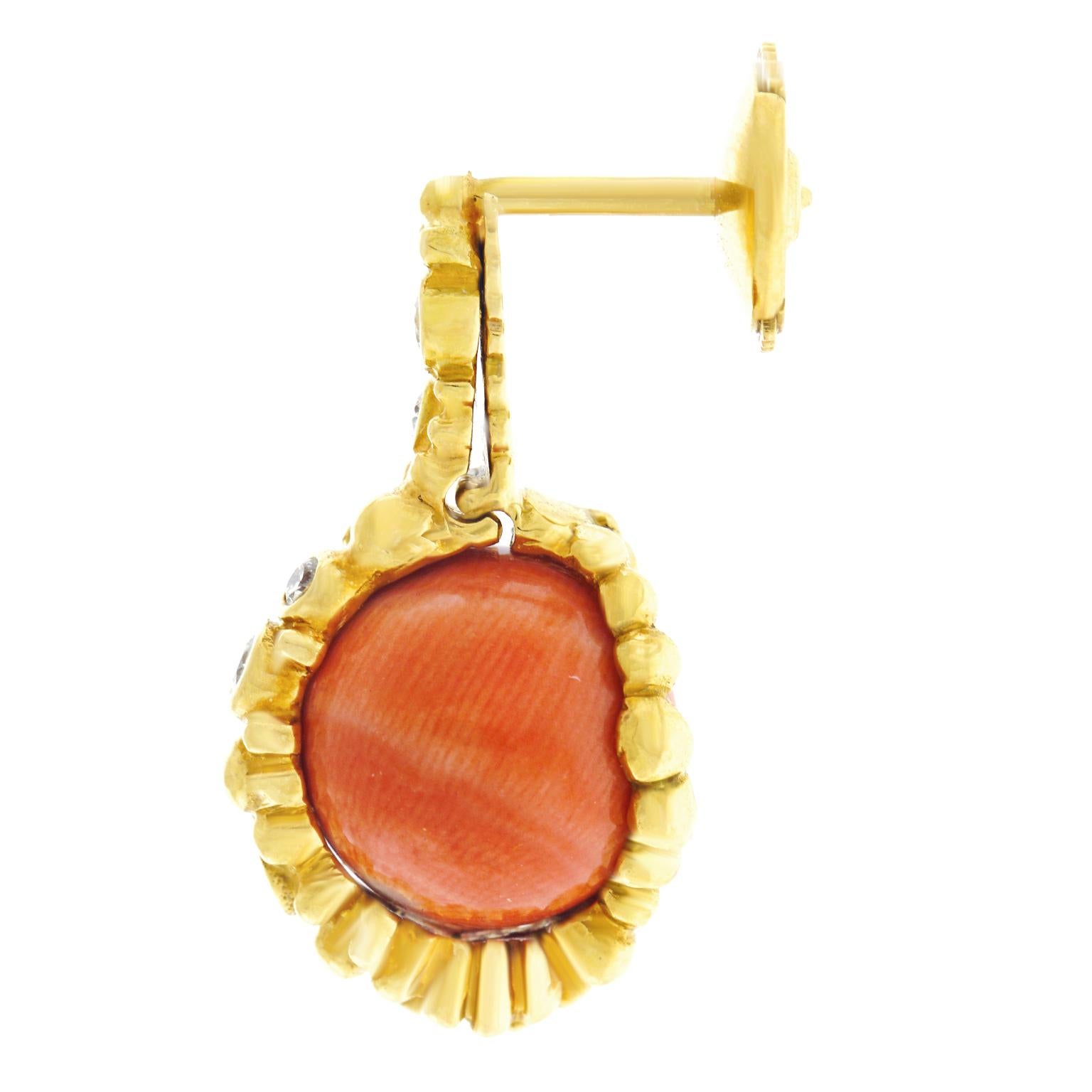 Gilbert Albert Natural Coral and Diamond Set Gold Earrings 3