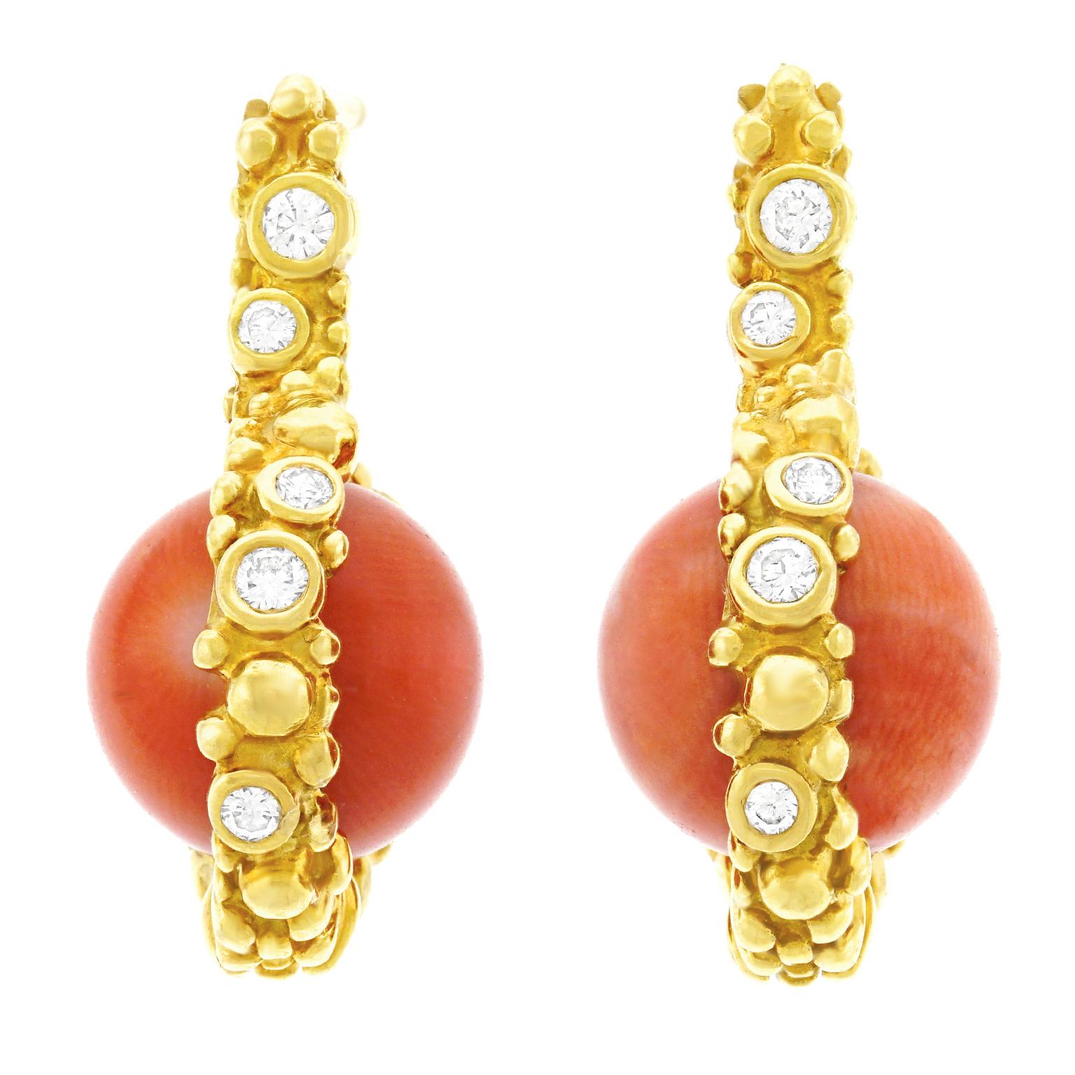 Gilbert Albert Natural Coral and Diamond Set Gold Earrings 4