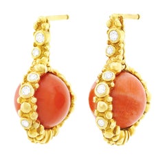 Vintage Gilbert Albert Natural Coral and Diamond Set Gold Earrings