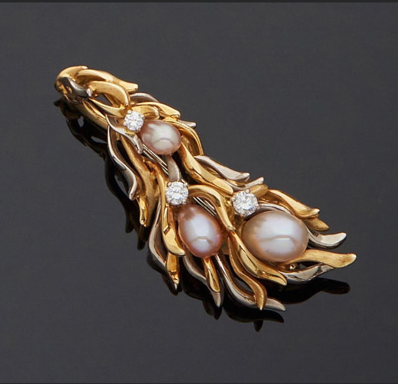Gilbert Albert Broche d'algues en or jaune 18 carats avec perles et diamants Pour femmes en vente