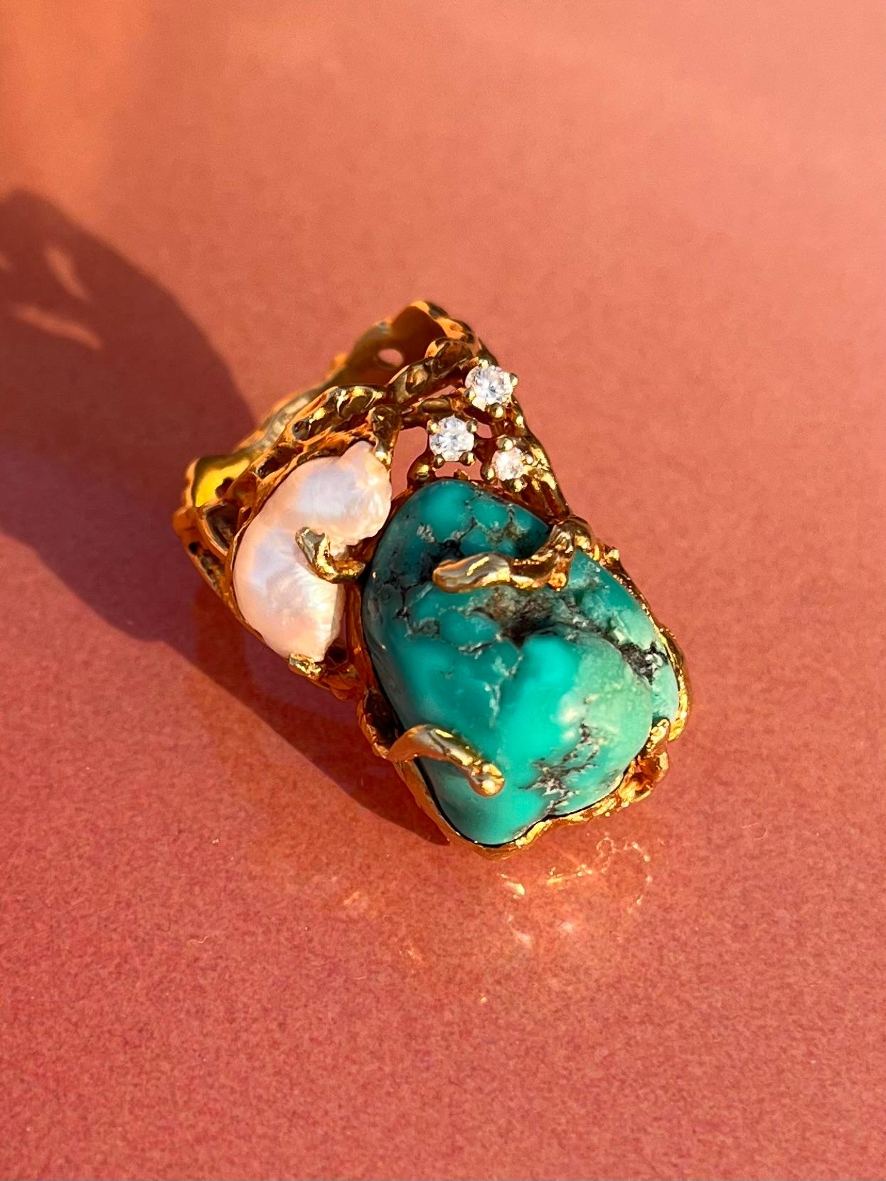 Artist Gilbert Albert Sculptural Ring with Turquoise and Baroque Pearl For Sale
