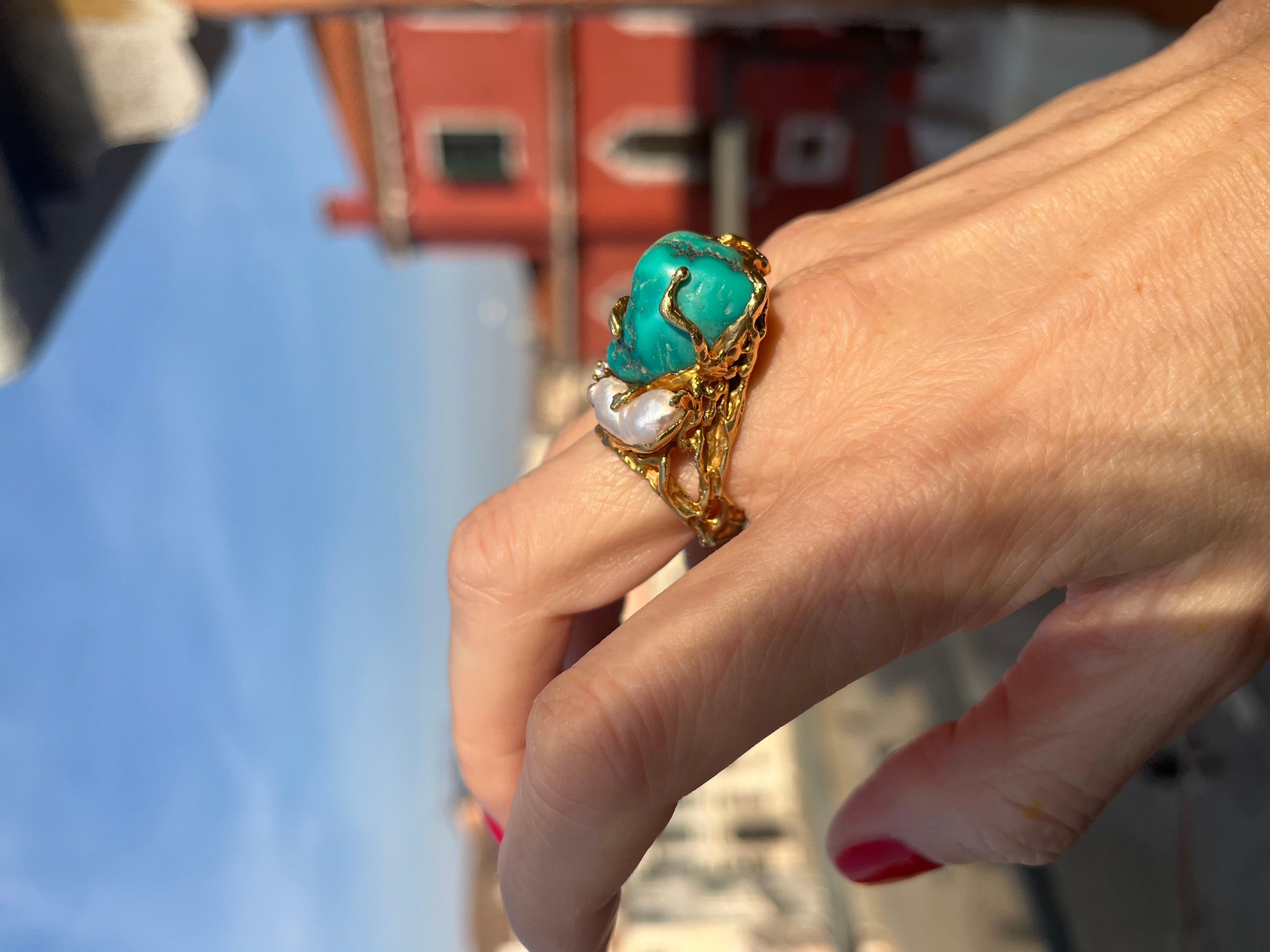 Cabochon Gilbert Albert Sculptural Ring with Turquoise and Baroque Pearl For Sale