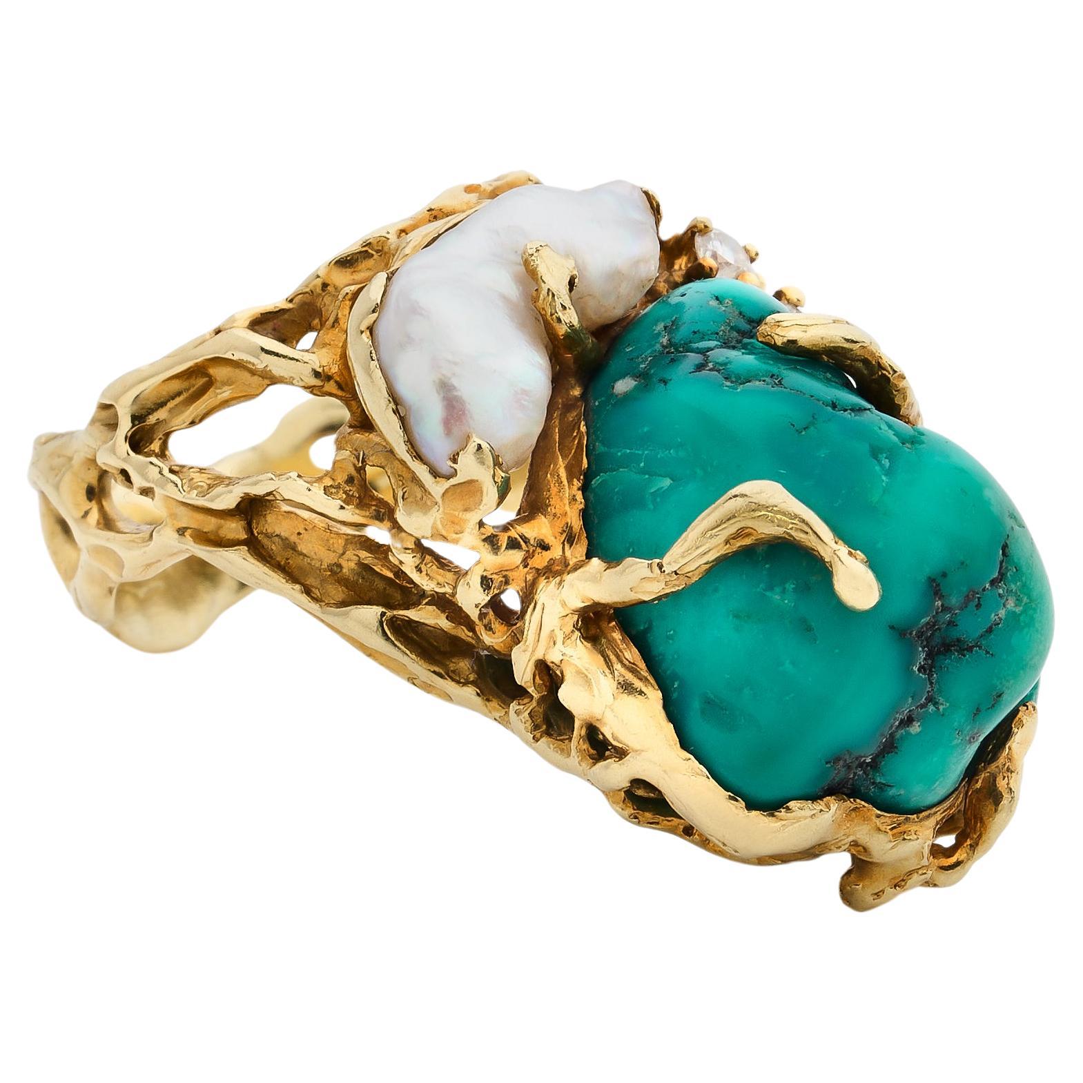 Gilbert Albert Sculptural Ring with Turquoise and Baroque Pearl For Sale