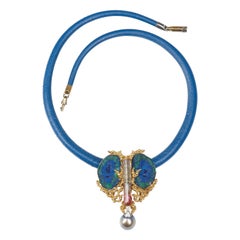 Gilbert Albert Tourmaline Azurite-Malachite 18K Yellow Gold Necklace Brooch