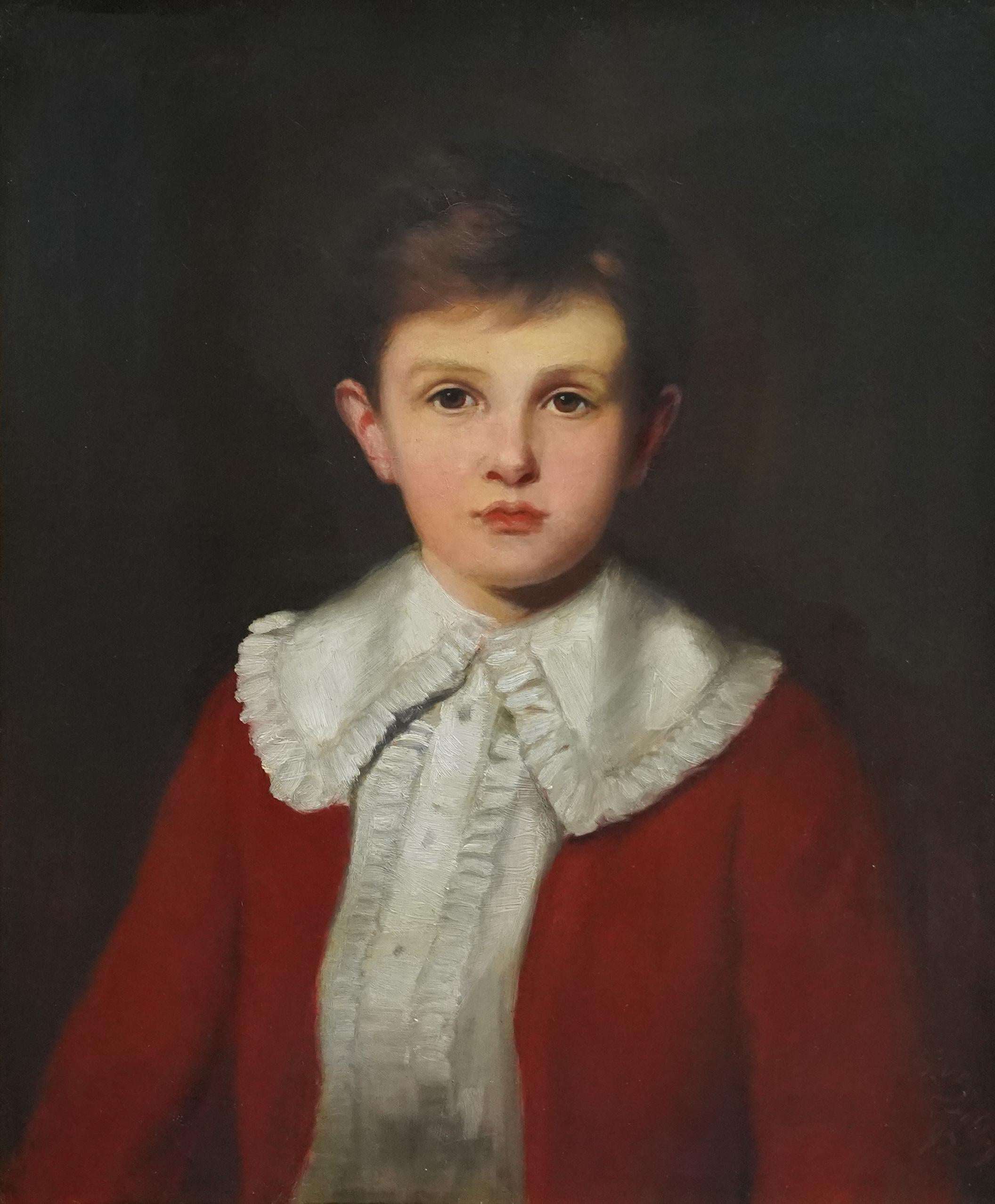 Portrait of a Young Boy in Red Coat - British Victorian 1892 art oil painting - Painting by Gilbert Baldry