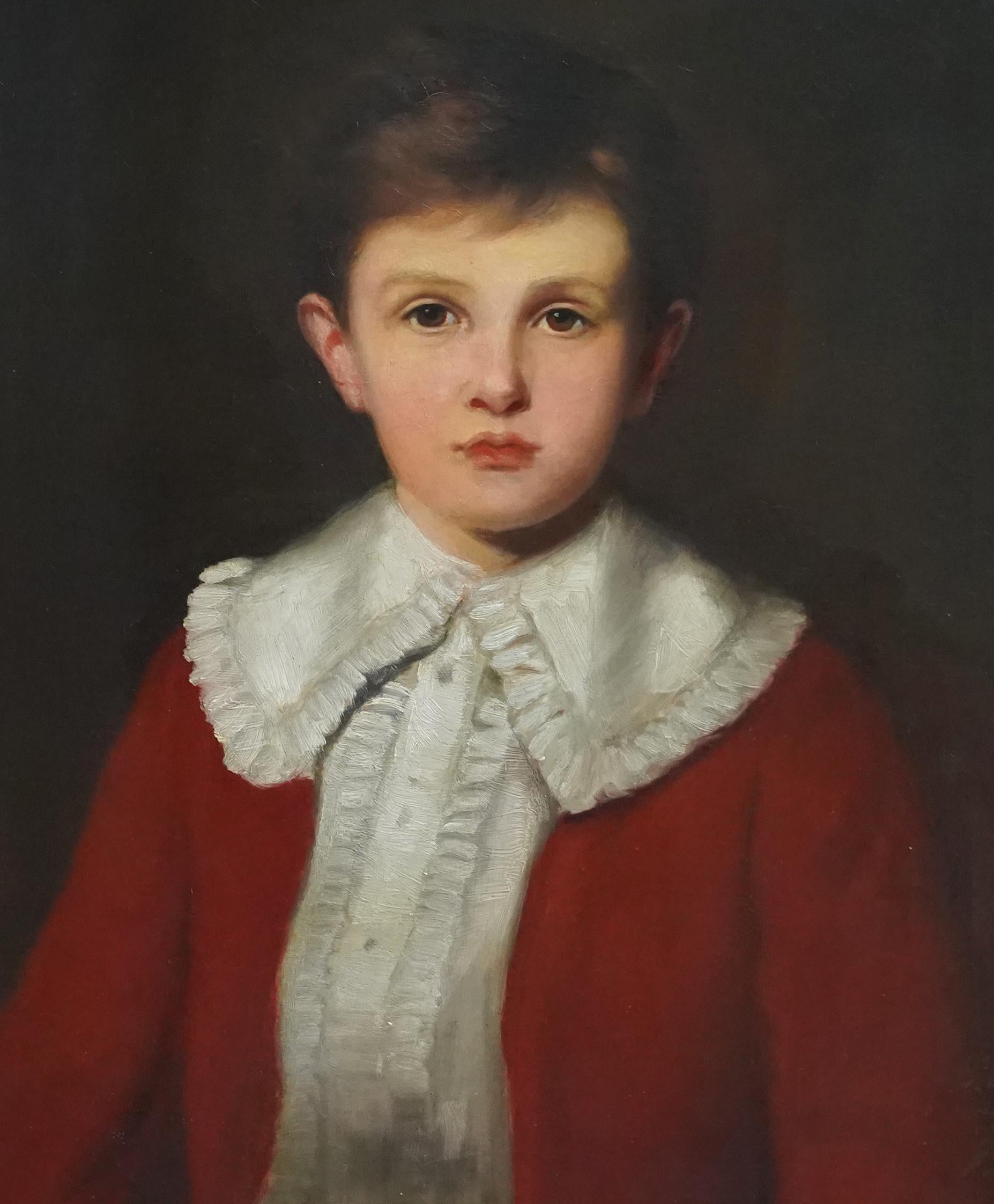 This charming British Victorian portrait oil painting is by noted portrait artist Gilbert Baldry. A half length portrait painted in 1892, the sitter is a young boy in a red coat with a large white collared shirt beneath. There is superb brush work