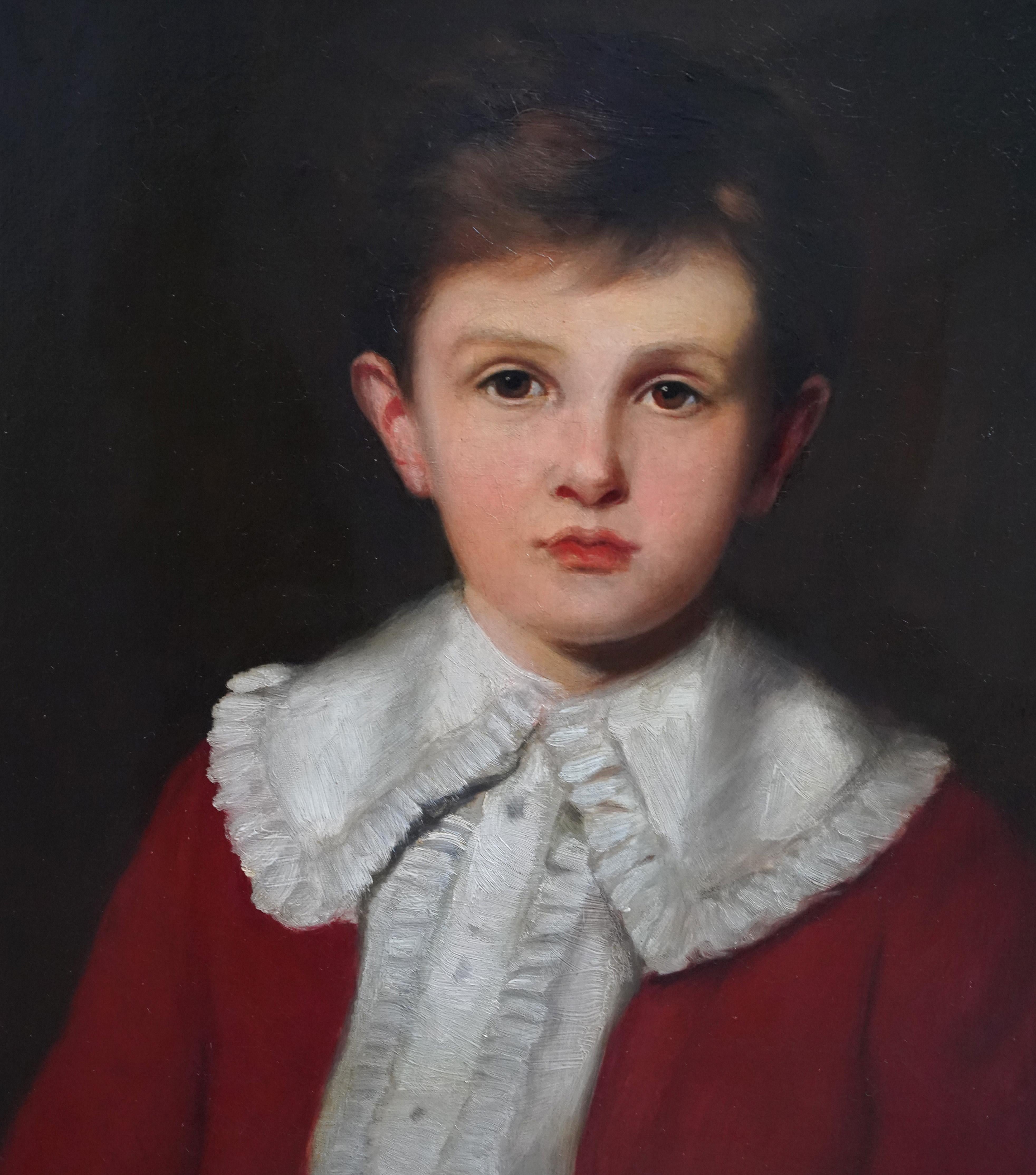 Portrait of a Young Boy in Red Coat - British Victorian 1892 art oil painting For Sale 1