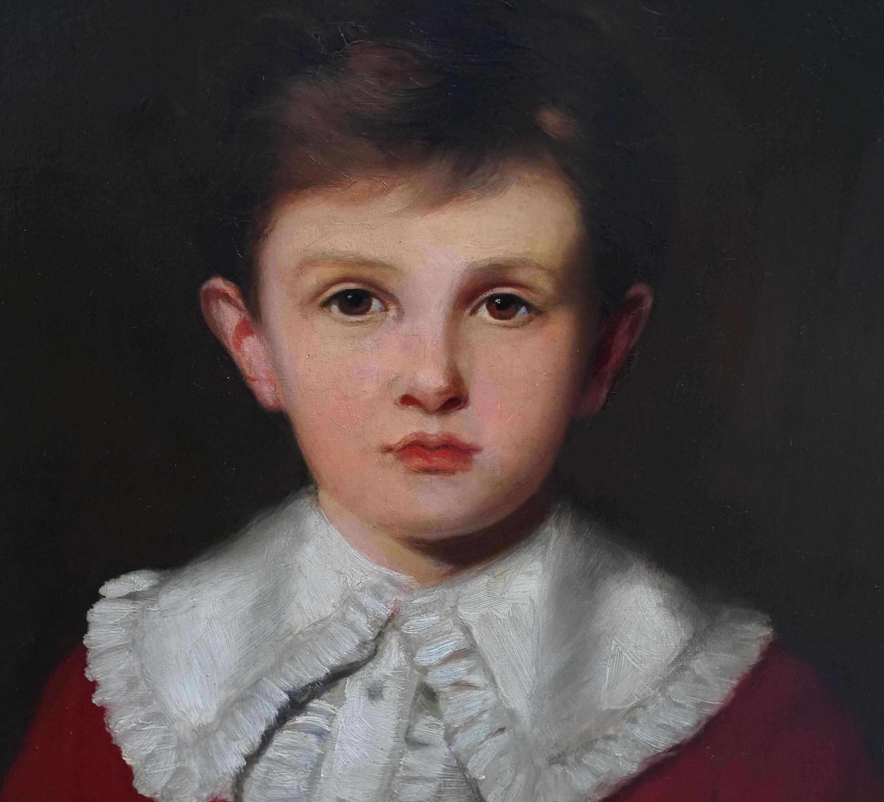 Portrait of a Young Boy in Red Coat - British Victorian 1892 art oil painting For Sale 2